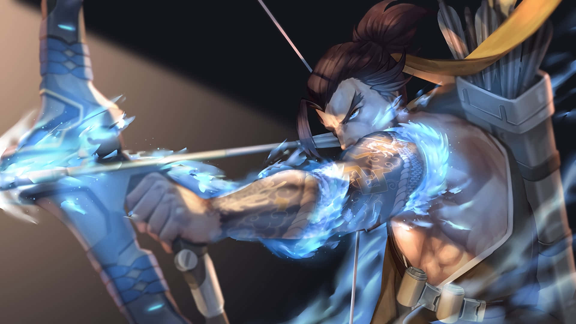 Overwatch Hanzo 桌布 壁紙 — 一位兇猛的動漫弓箭手在黑暗背景下，專注地拉開發光的藍色弓。