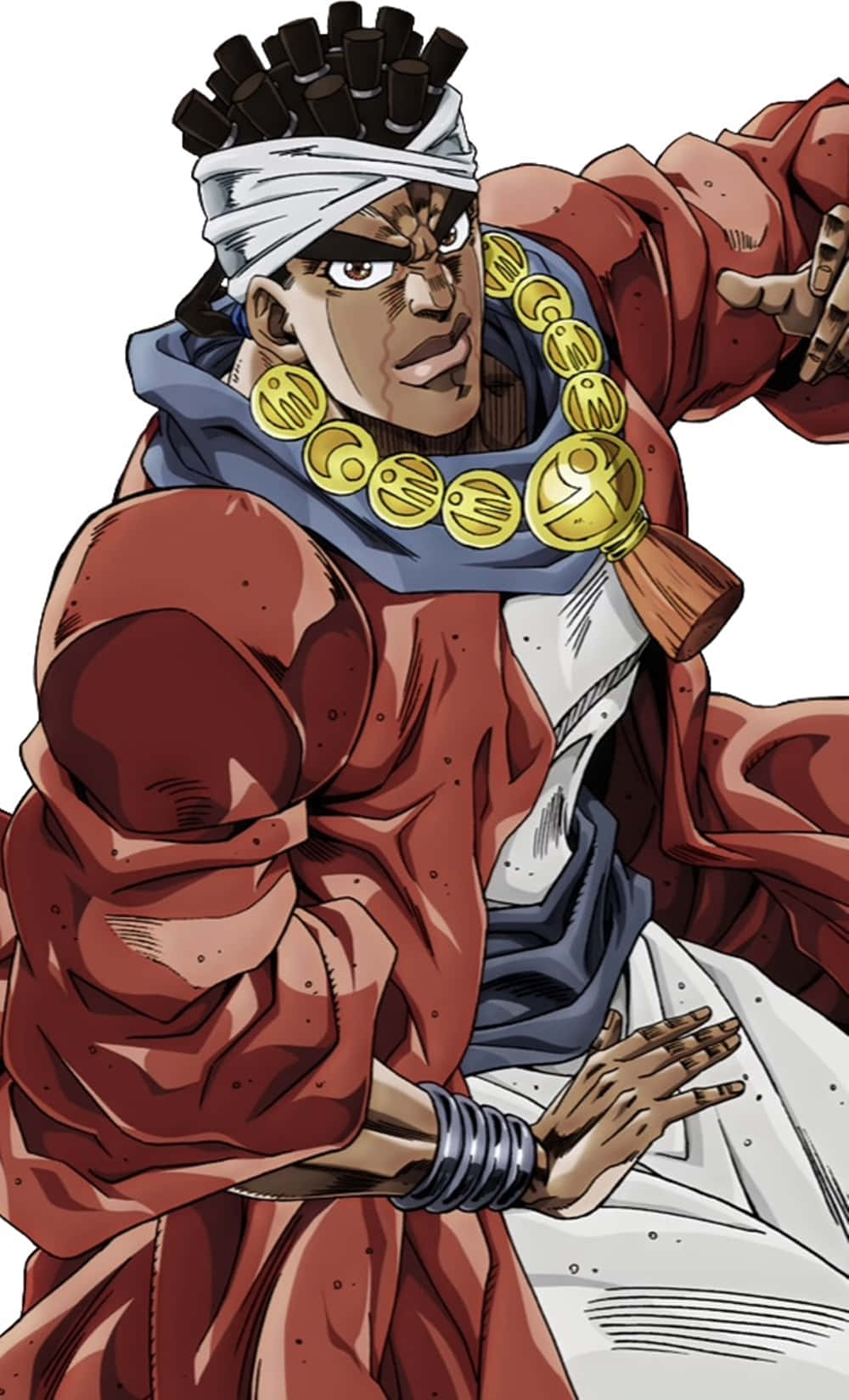 Muhammad Avdol 桌布 壁紙 — 一位兇猛的動漫戰士，戴著白色頭帶和金項鍊，穿著大膽的紅色和藍色服裝，擺出動態姿勢。