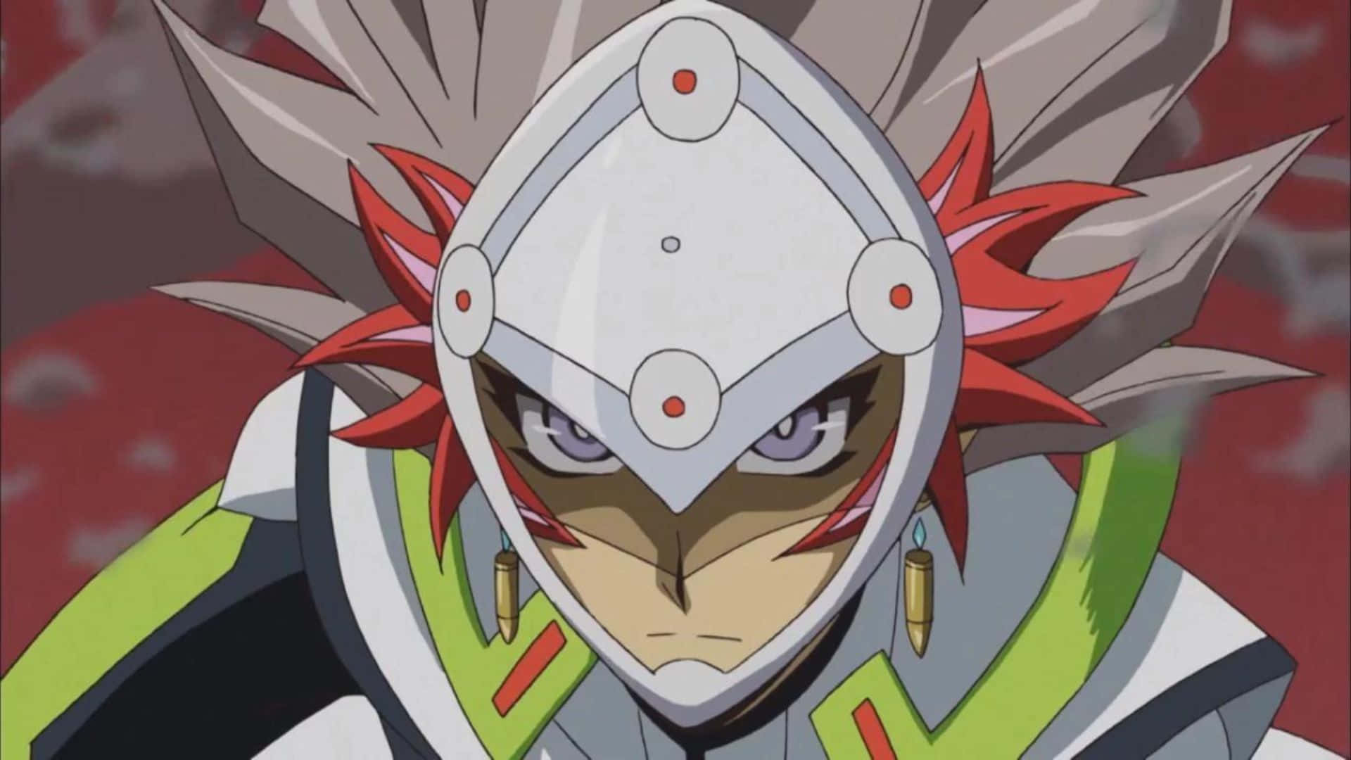 Ryoken Kogami 桌布 壁紙 — 一位兇猛的動漫戰士，戴著白色頭盔，留著紅色尖刺頭髮，在煙霧瀰漫的紅色背景下凝視著。