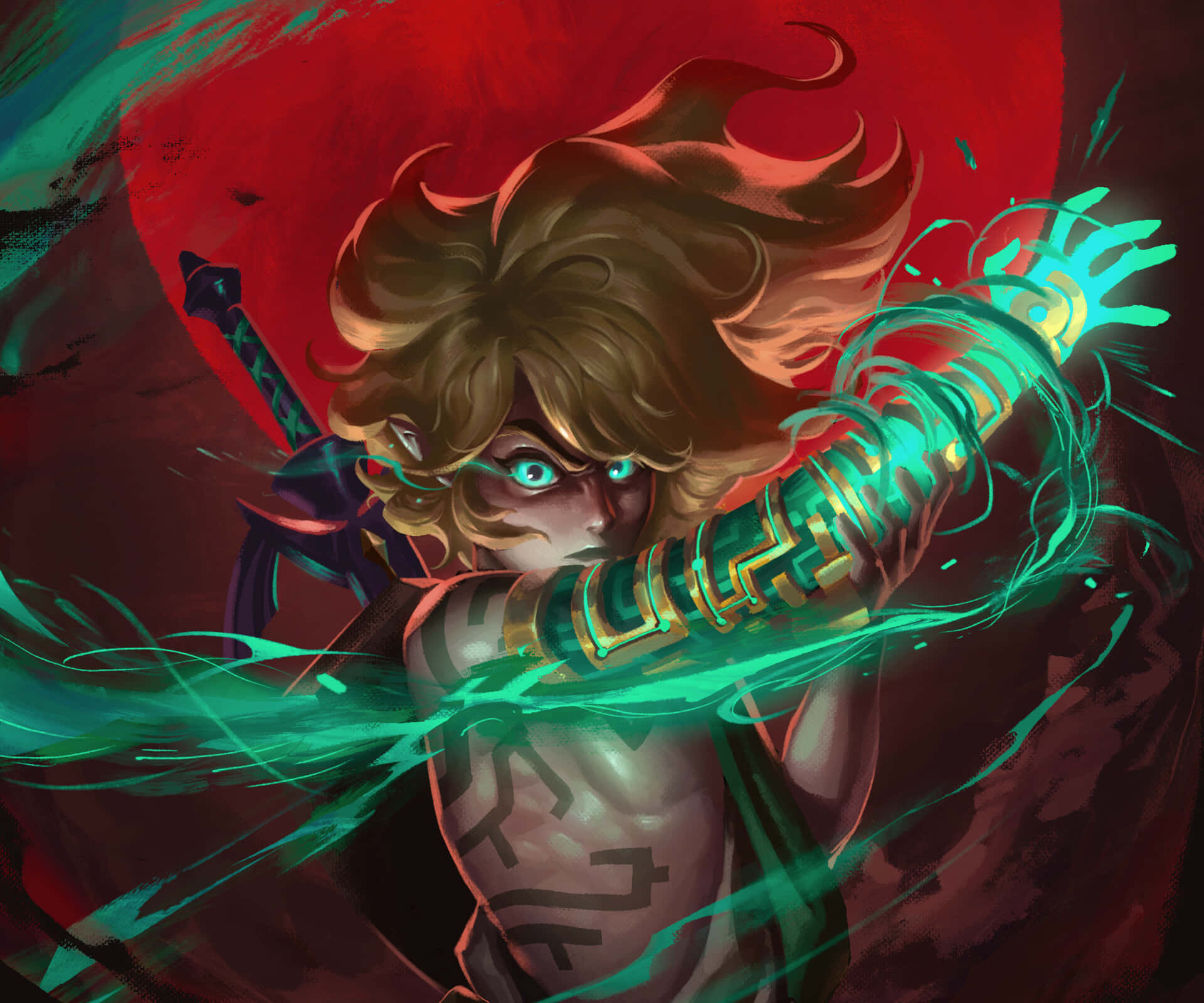 The Legend Of Zelda Tears Of The Kingdom 桌布 壁紙 — 一位兇猛的動漫戰士，手臂發出熾熱的綠色能量爆炸，背景是火紅色的。