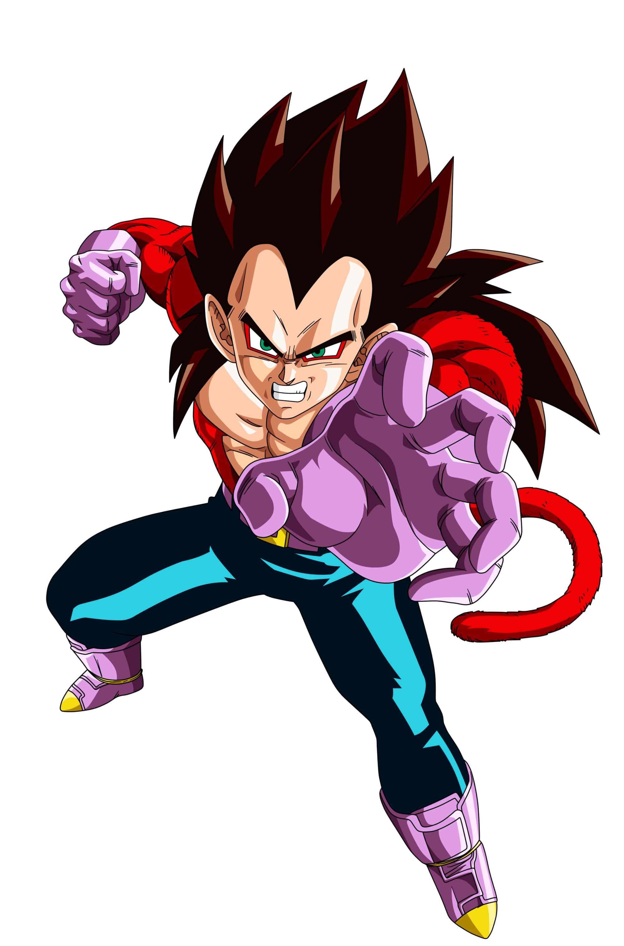 Vegeta Super Saiyan 4 桌布 壁紙 — 一位兇猛的動漫戰士，擁有尖刺的深色頭髮和紅色尾巴，在白色背景前擺出動態姿勢。