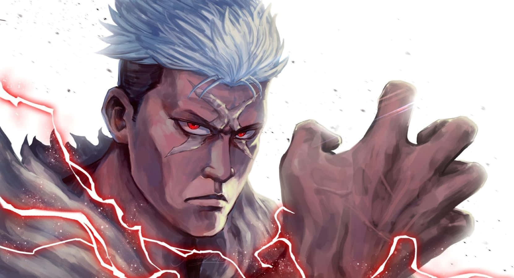 Fullmetal Alchemist Scar 桌布 壁紙 — 一位兇猛的動漫戰士，擁有尖刺的白髮和發光的紅眼睛，從他伸出的手中釋放出劈啪作響的紅色閃電。