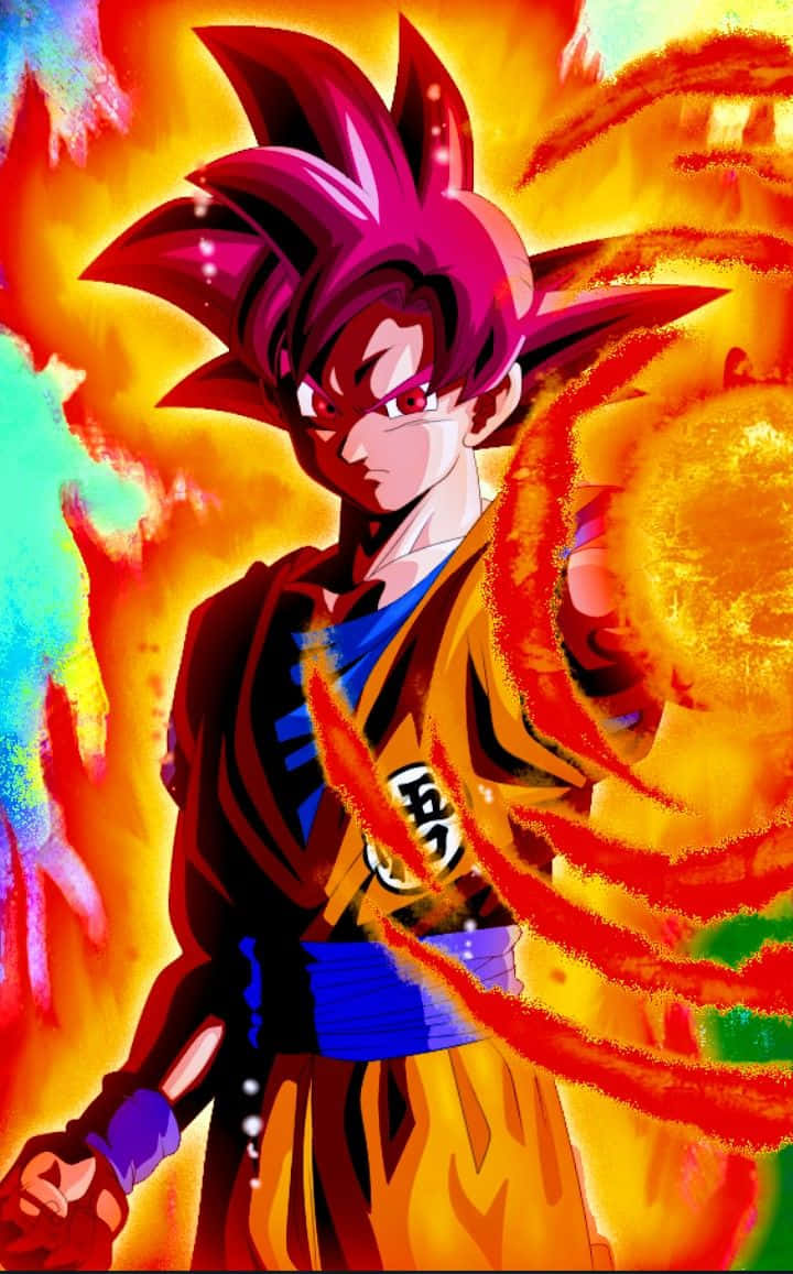 Legendary Super Saiyan 桌布 壁紙 — 一位兇猛的動漫戰士，擁有尖刺的粉紅色頭髮和發光的紅色眼睛，站在旋轉的火焰能量中，背景充滿活力且爆炸性。