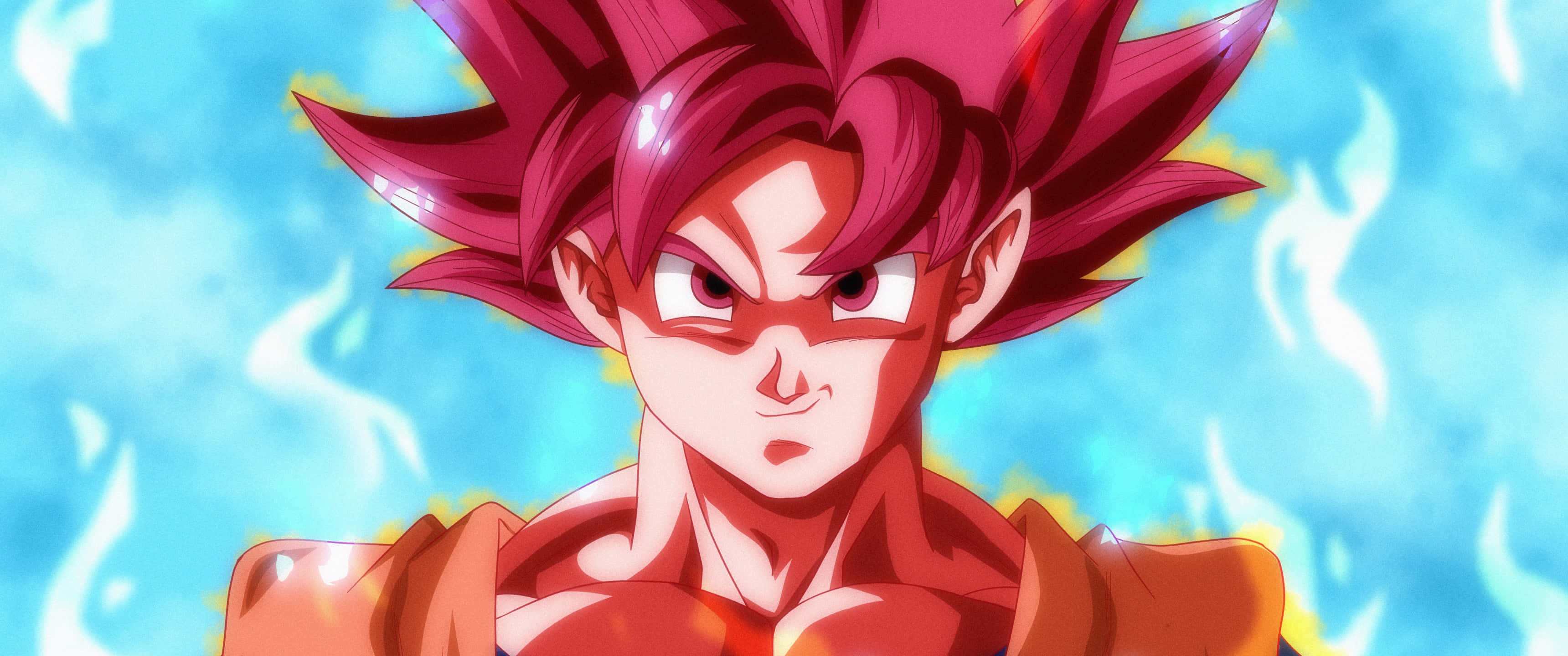 Super Saiyan God 桌布 壁紙 — 一位兇猛的動漫戰士，擁有尖刺的紅髮和發光的光環，在旋轉的藍色能量背景下凝視著。
