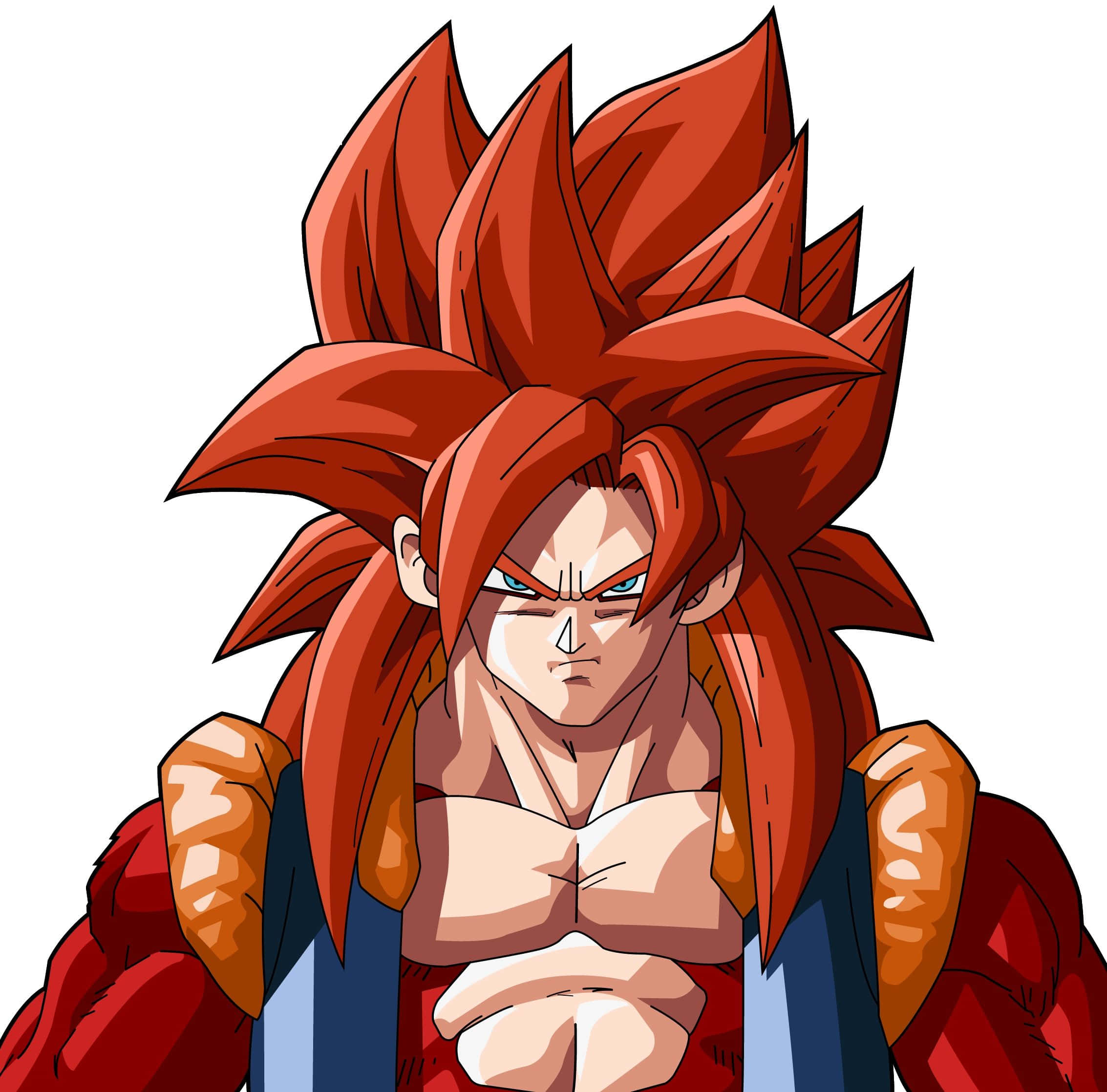 Goku Ssj4 桌布 壁紙 — 一位兇猛的動漫戰士，擁有尖刺的紅髮和發光的藍眼睛，在白色背景下強烈地凝視著。