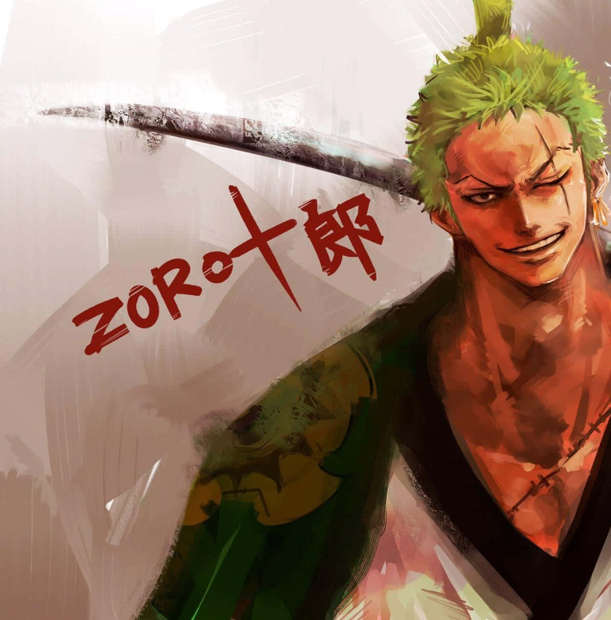 索隆 桌布 壁紙 — 一位兇猛的動漫戰士，擁有尖刺的綠色頭髮，在紋理灰色背景上將劍扛在肩上。