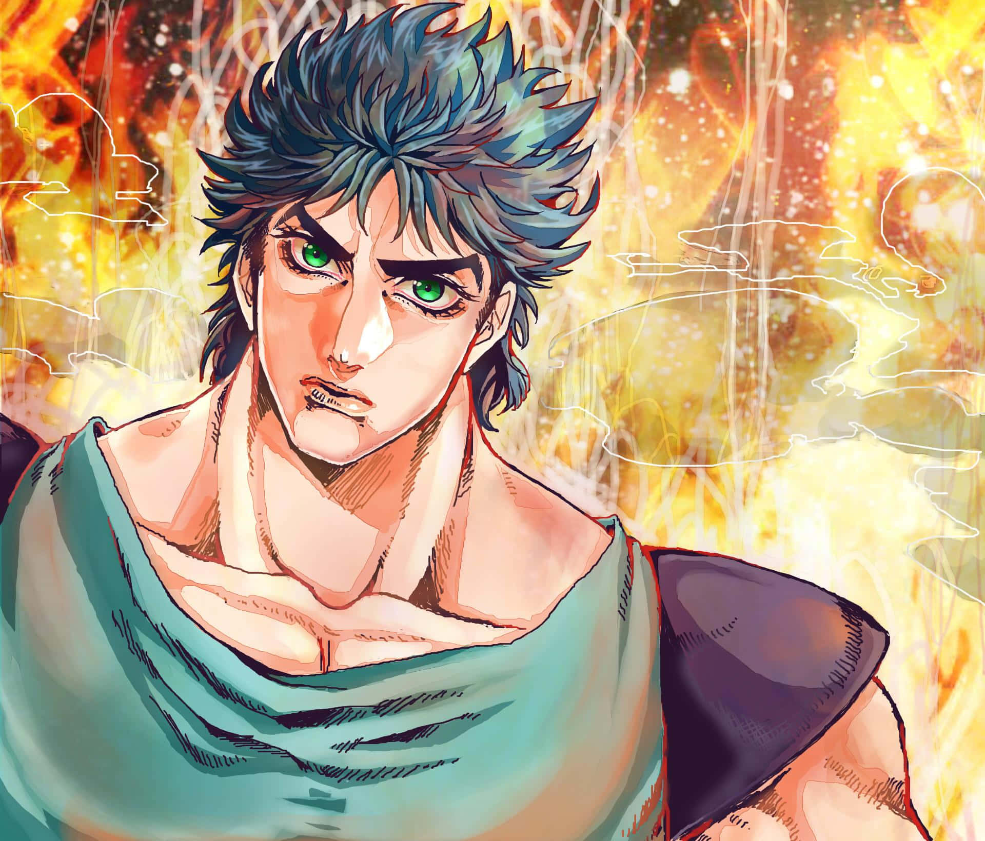 Jonathan Joestar 桌布 壁紙 — 一位兇猛的動漫戰士，擁有尖刺的藍色頭髮和發光的綠色眼睛，站在火熱的金色背景前。