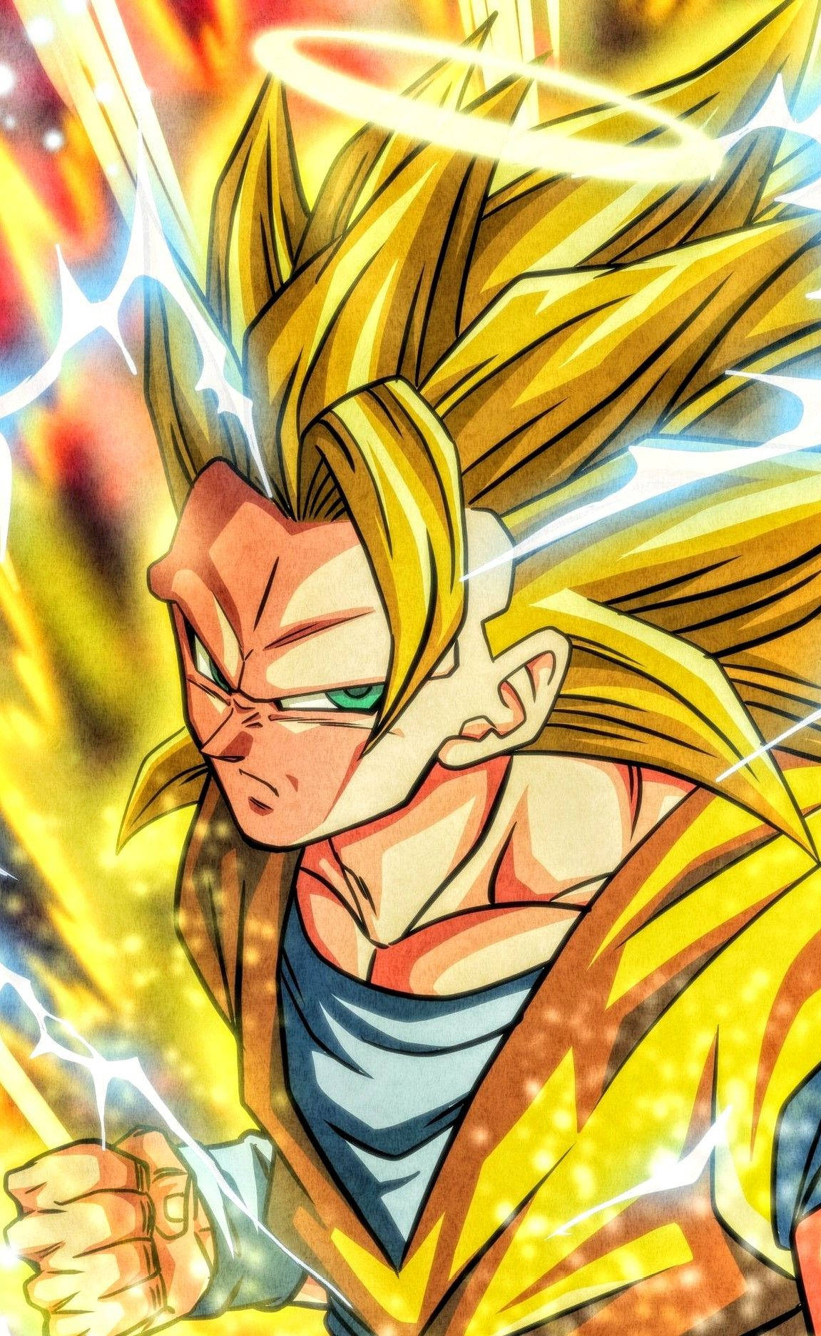 Goku Ssj3 桌布 壁紙 — 一位兇猛的動漫戰士，擁有尖刺的金色頭髮和發光的氣場，在熾熱的背景中散發力量。