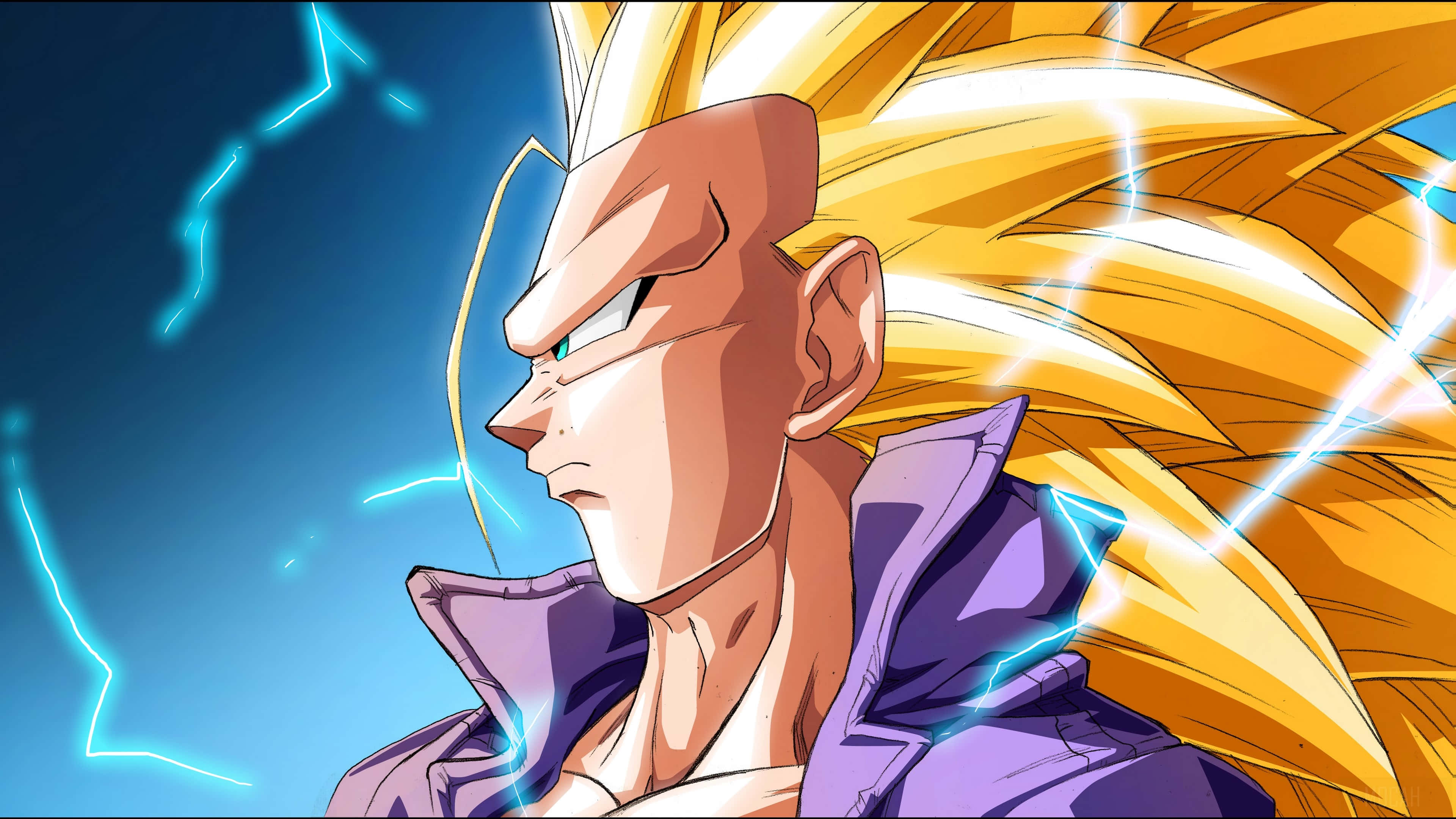 Dragon Ball Z Trunks 桌布 壁紙 — 一位兇猛的動漫戰士，擁有尖刺的金色頭髮和紫色道服，在深藍色的天空下散發出藍色閃電。