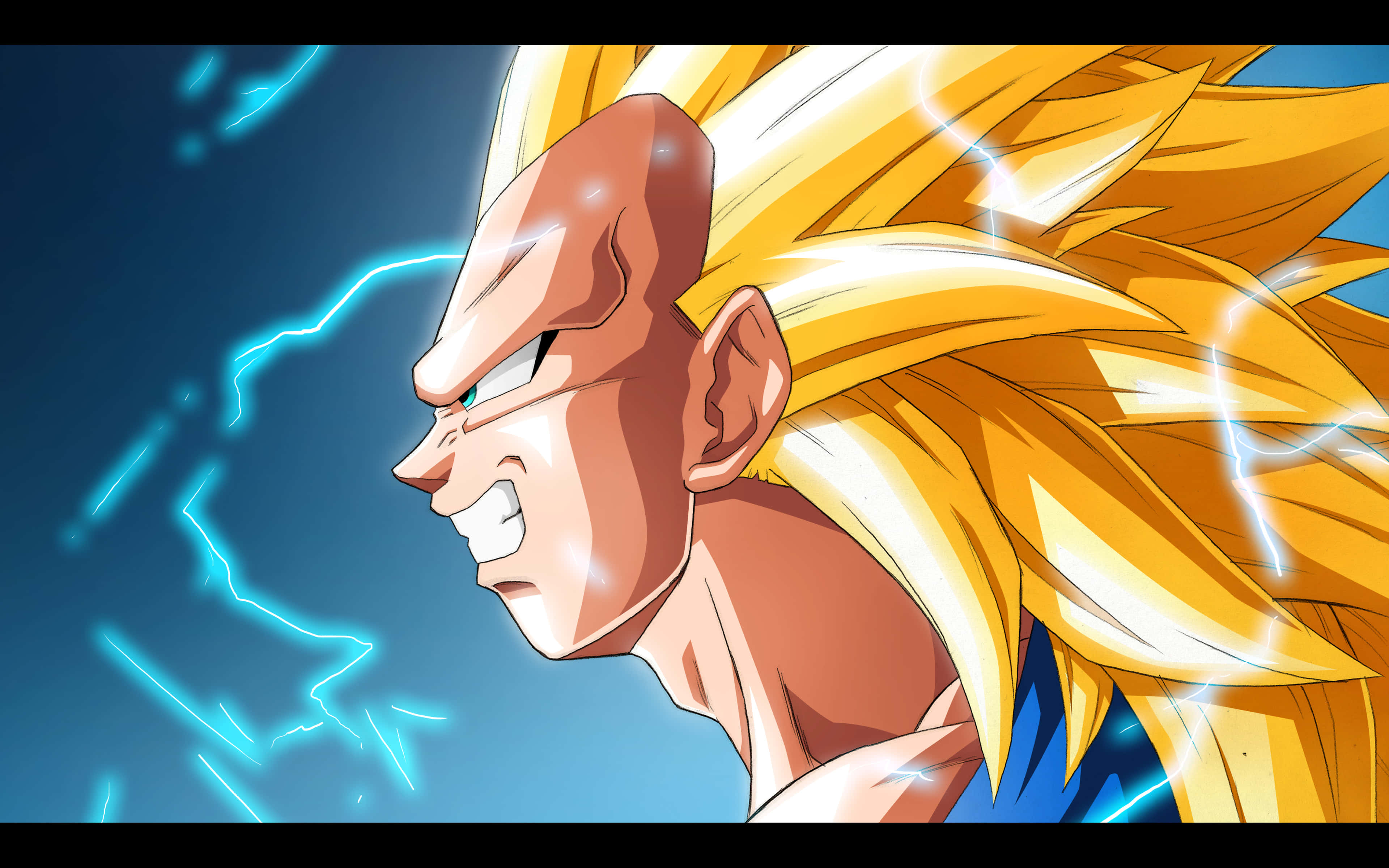 Vegeta Super Saiyan 3 桌布 壁紙 — 一位兇猛的動漫戰士，擁有尖刺的金色頭髮，發光的藍色閃電在他堅定的臉龐周圍劈啪作響。