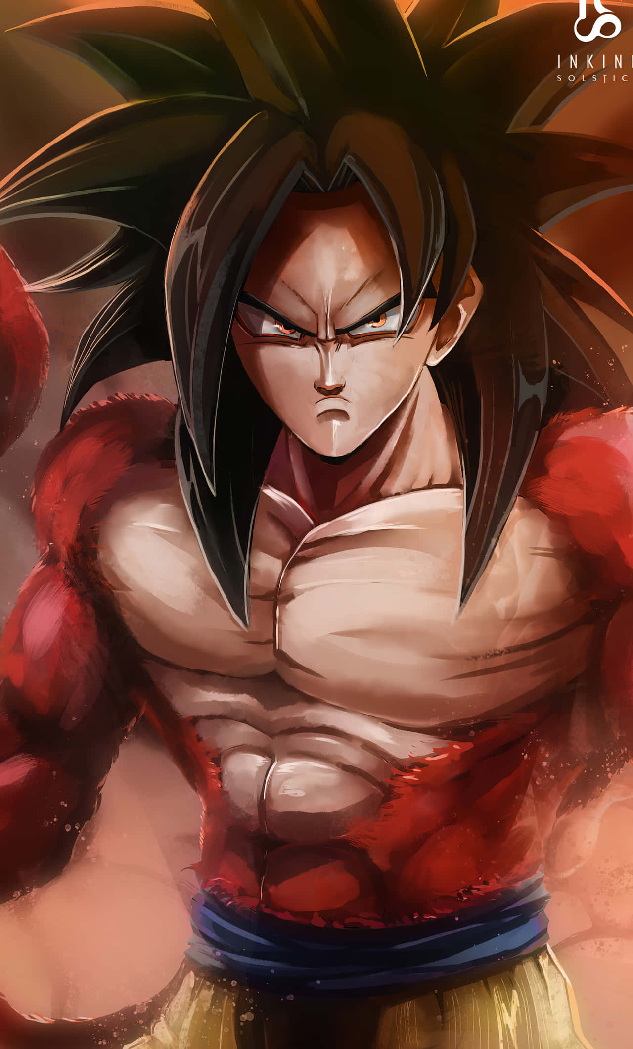 Goku Super Saiyan 4 桌布 壁紙 — 一位兇猛的動漫戰士，擁有尖刺般的黑髮和紅色氣場，用發光的眼睛強烈凝視。
