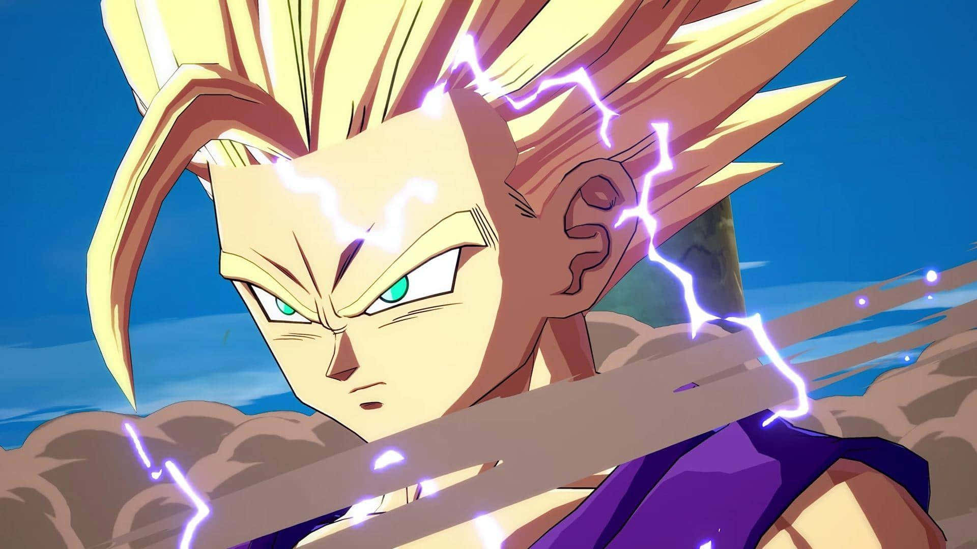 Gohan 桌布 壁紙 — 一位兇猛的動漫戰士，擁有尖刺金髮和發光的綠色眼睛，對著藍天引導閃電能量。