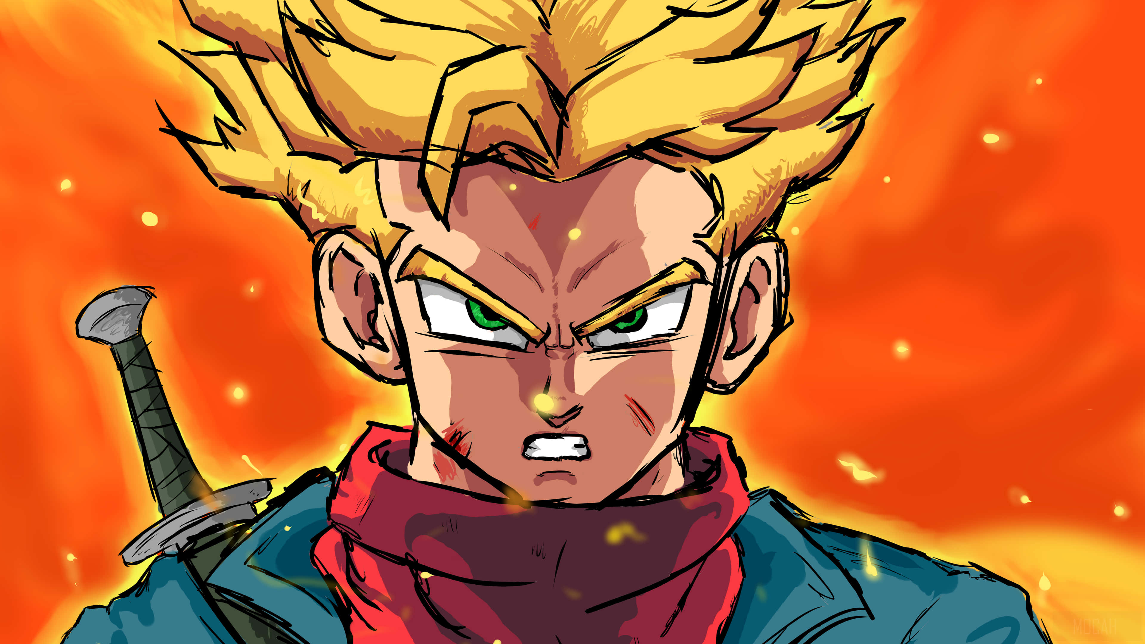 Dragon Ball Z Trunks 桌布 壁紙 — 一位兇猛的動漫戰士，擁有尖刺金髮和綠色眼睛，在熾熱的橙色背景下強烈地瞪視。