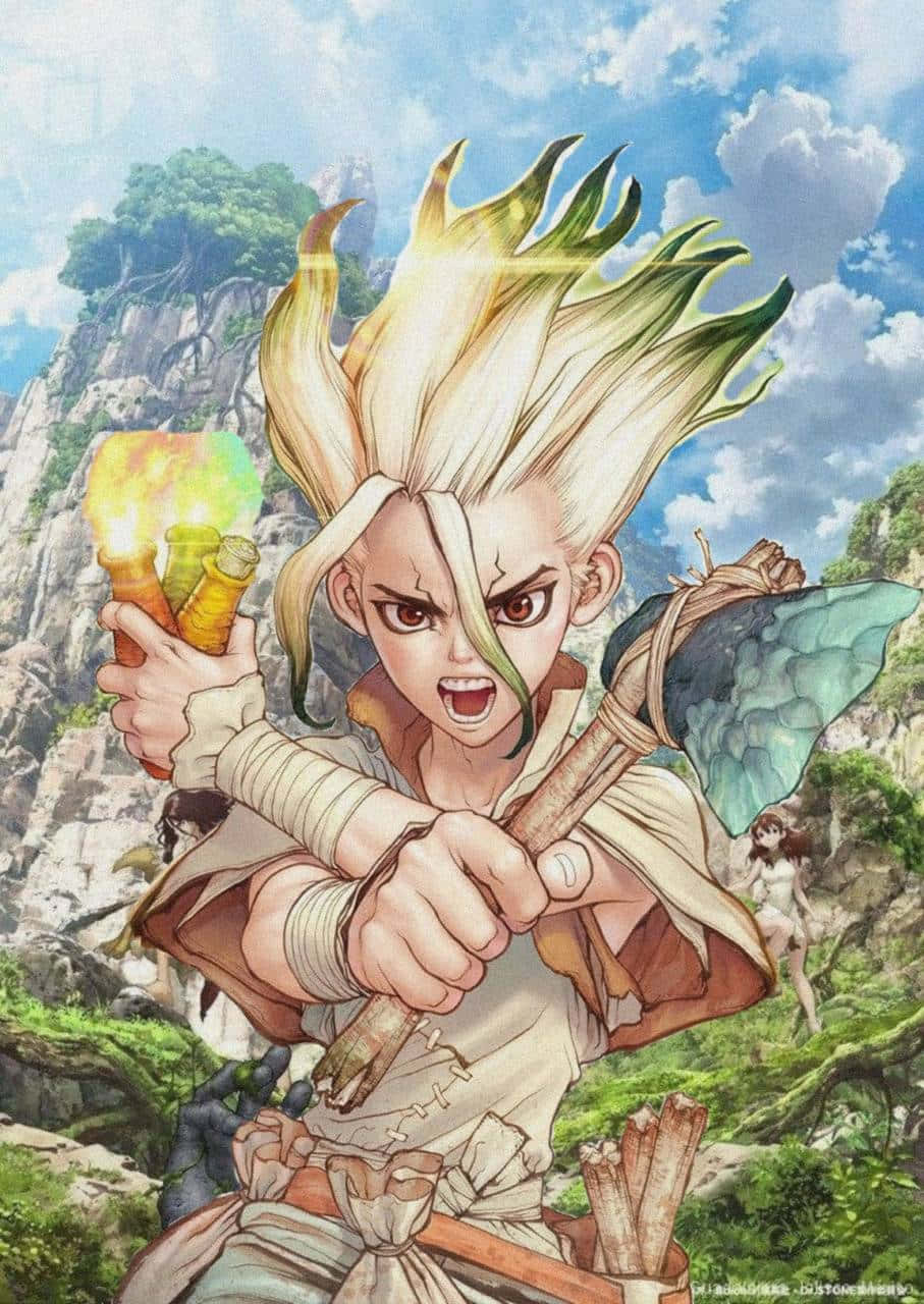 Dr Stone 桌布 壁紙 — 一位兇猛的動漫戰士，擁有尖刺金髮，在岩石懸崖背景下揮舞著發光的法杖和斧頭。