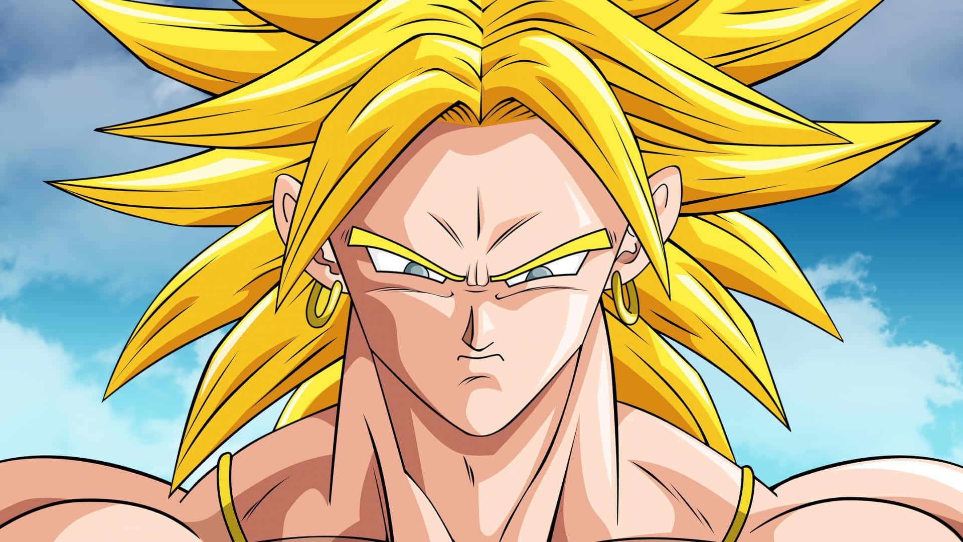 Dragon Ball Z Broly 桌布 壁紙 — 一位兇猛的動漫戰士，擁有尖刺金髮和強烈的黃色眼睛，凝視著明亮的藍天。