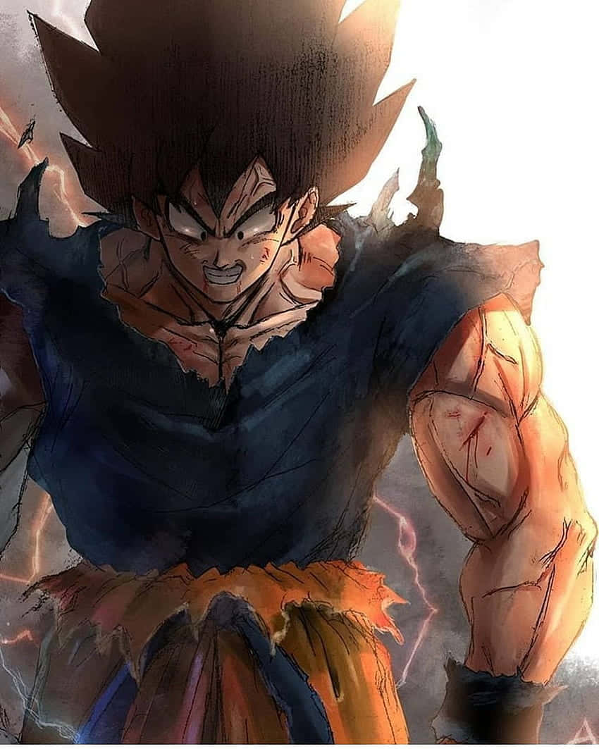 桌布 壁紙 — 一位兇猛的動漫戰士，擁有尖刺頭髮和破爛衣服，閃電在他肌肉發達的身體周圍噼啪作響，散發出力量。