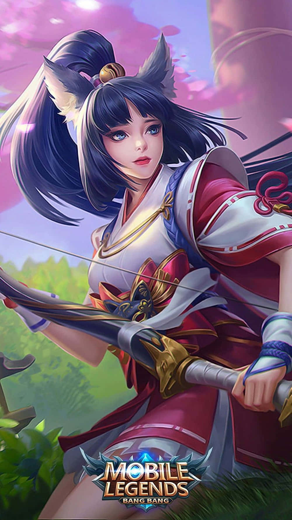 動漫戰士，有狐狸耳朵，在櫻花田中拿著弓。 — Mobile Legends 動態圖 壁紙