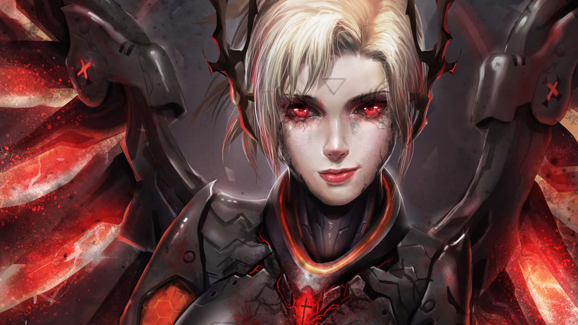 Mercy Overwatch 桌布 壁紙 — 一位兇猛的動漫戰士，擁有發光的紅色眼睛和機械翅膀，站在熾熱的紅色能量之中。