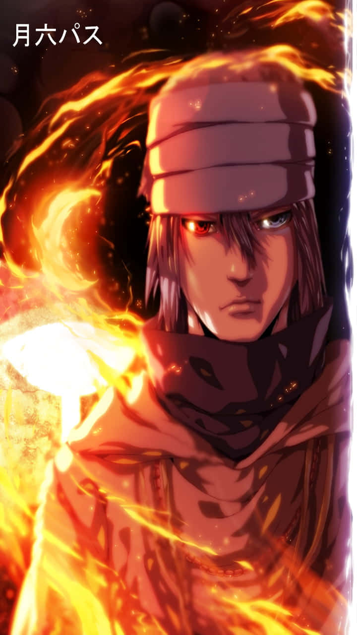 Naruto Fire 桌布 壁紙 — 一位兇猛的動漫戰士，擁有發光的紅色眼睛和在他頭部和肩膀周圍旋轉的熾熱橙色火焰。