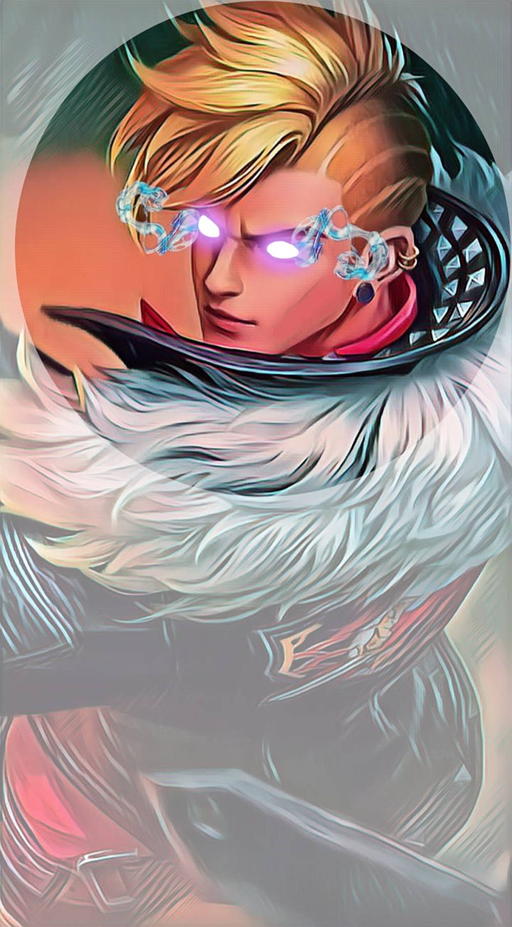 Mobile Legends 動態圖 桌布 壁紙 — 一位兇猛的動漫戰士，擁有發光的紫色眼睛和電藍色能量在他臉部和頭盔周圍噼啪作響。