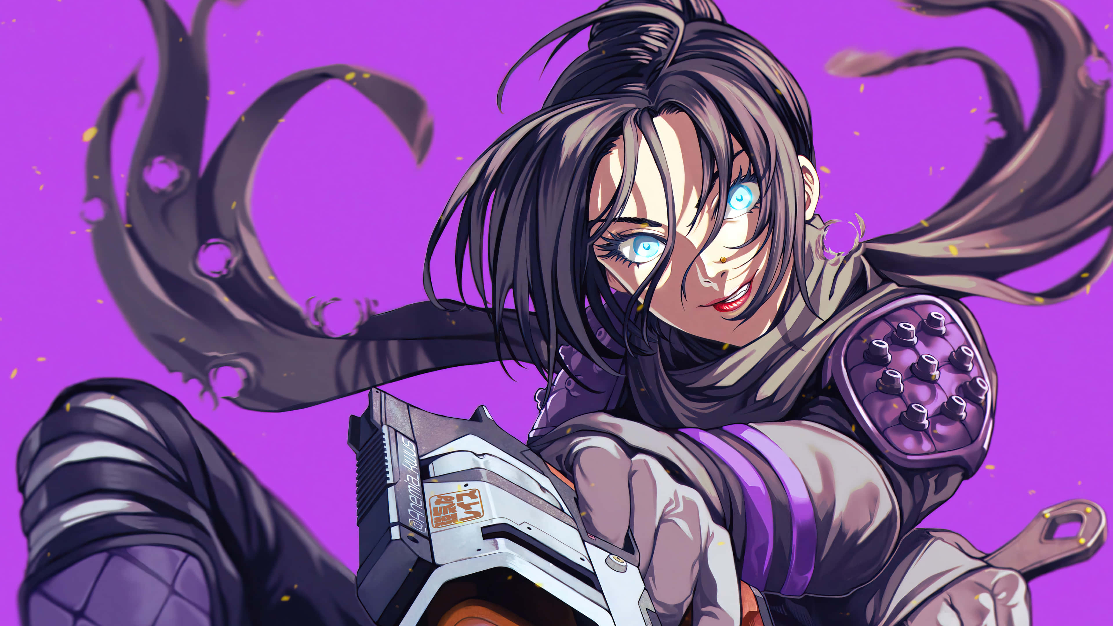 Apex Legends Characters 桌布 壁紙 — 一位兇猛的動漫戰士，擁有發光的藍色眼睛，在充滿活力的紫色背景前揮舞著未來武器。