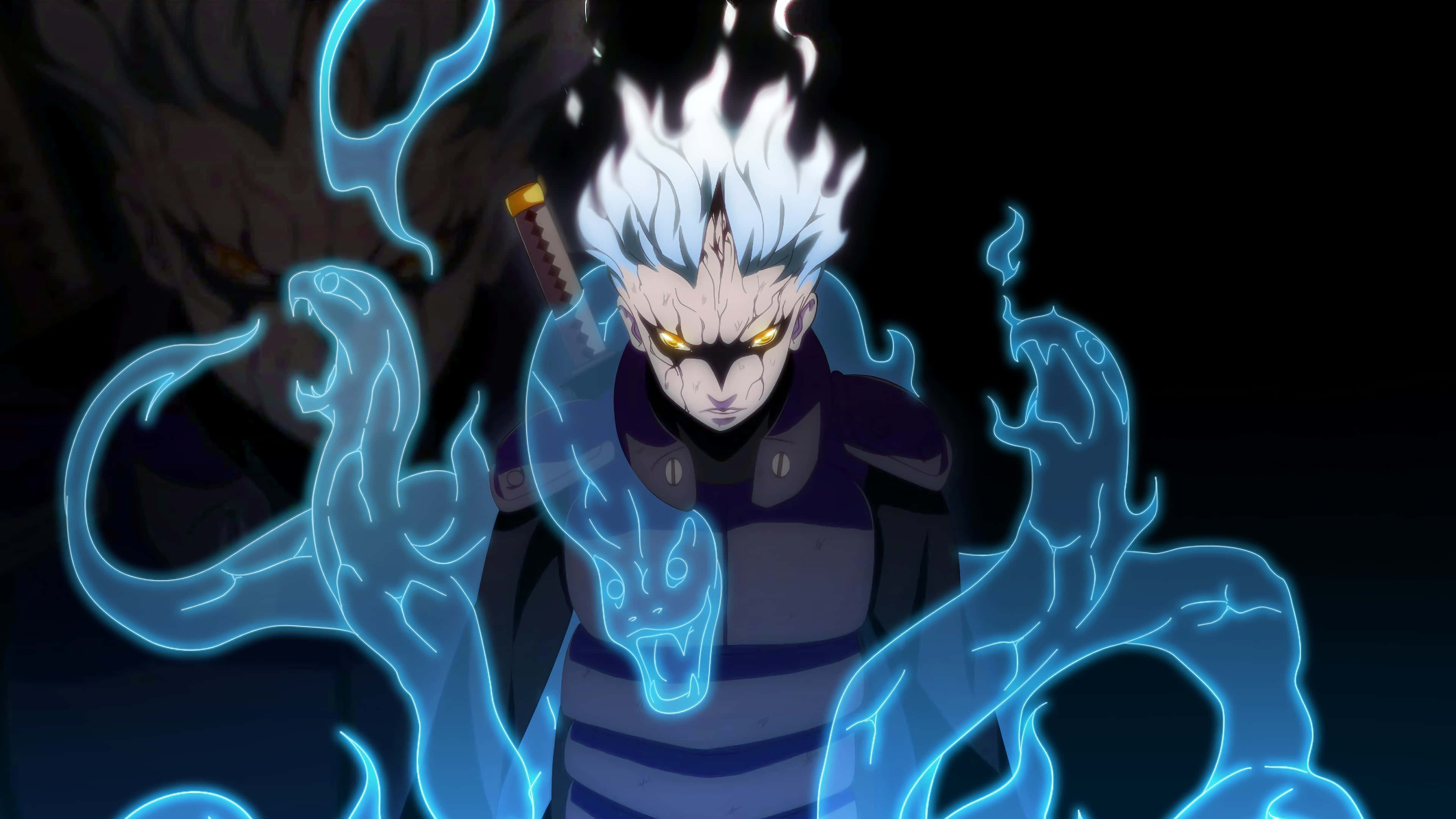 Mitsuki 桌布 壁紙 — 一位兇猛的動漫戰士，擁有白色尖刺頭髮和發光的黃色眼睛，在黑暗背景中被藍色電蛇般的能量包圍。