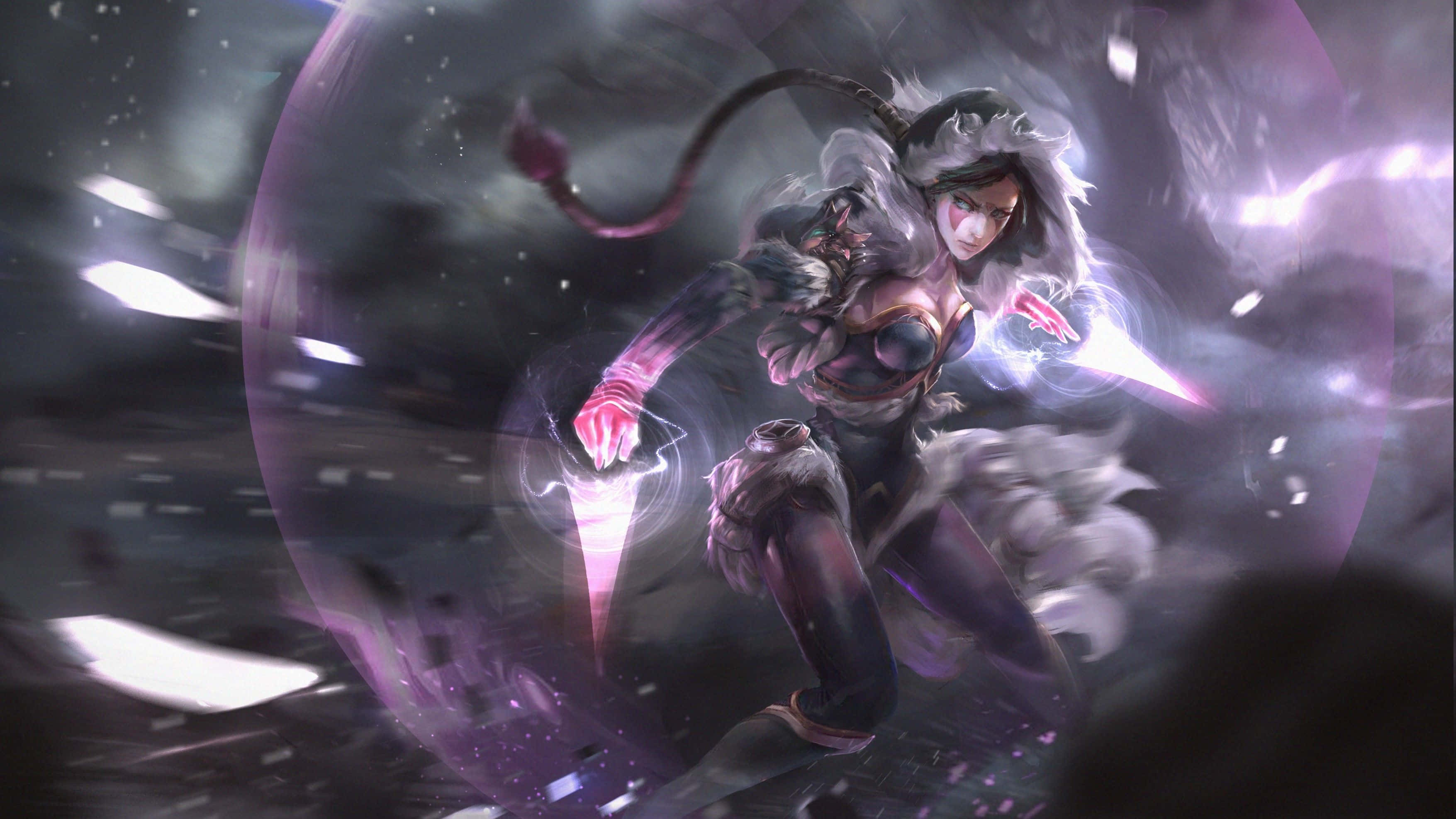 Templar Assassin 桌布 壁紙 — 一位兇猛的動漫戰士，擁有白色毛皮和發光的粉紅色能量，劃破黑暗的宇宙虛空。