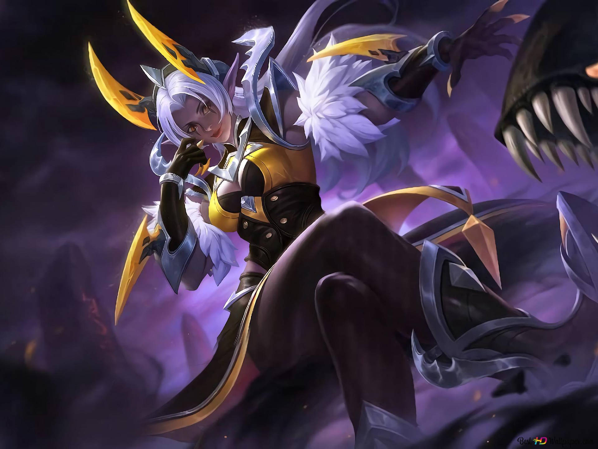 深紫色暴風雨背景中，擁有白髮和金色角的動漫奇幻戰士。 — Mobile Legends 動態圖 壁紙