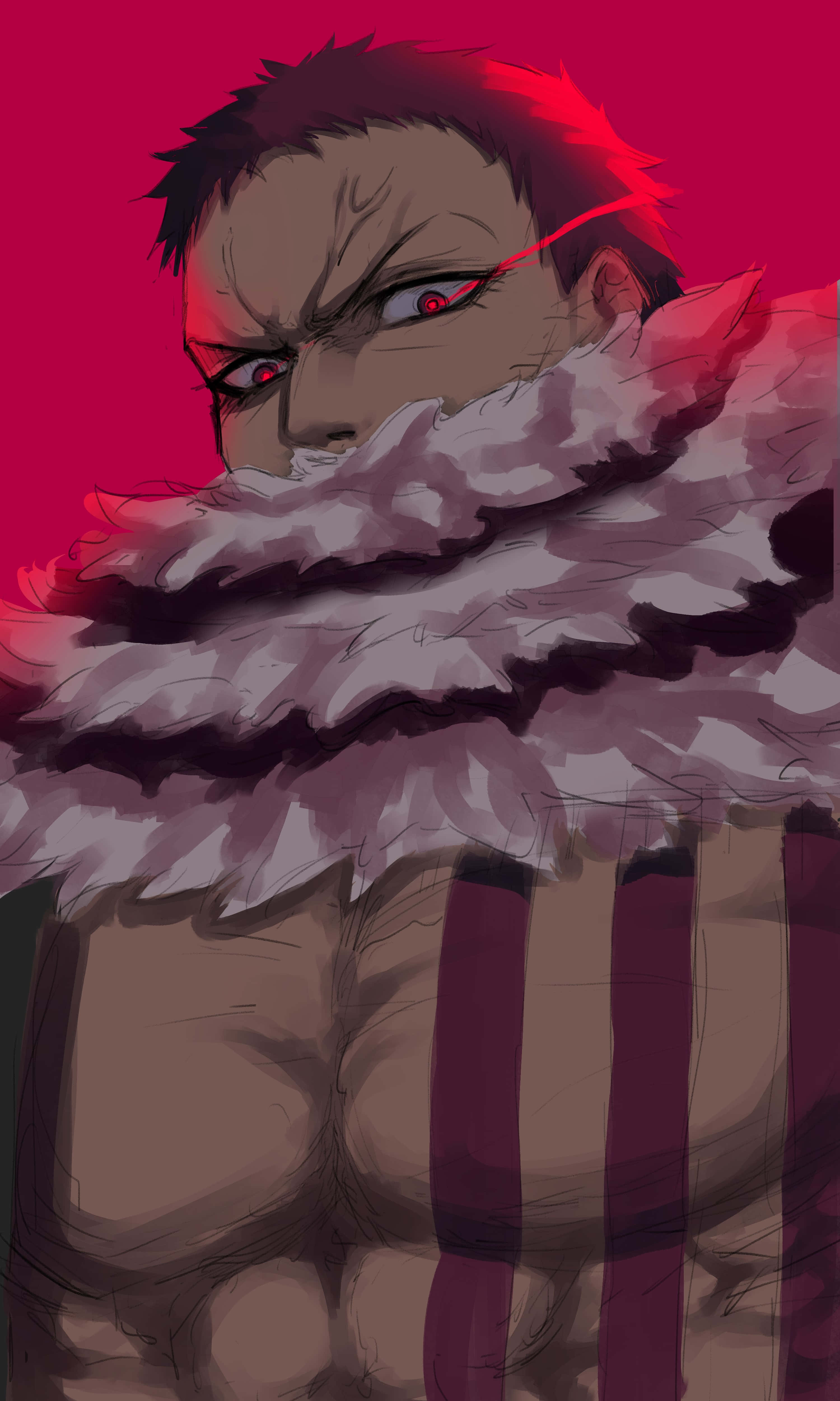 Charlotte Katakuri 桌布 壁紙 — 一位兇猛的動漫戰士，擁有紅色眼睛和蓬鬆的白色領子，在鮮紅色的背景下強烈凝視。