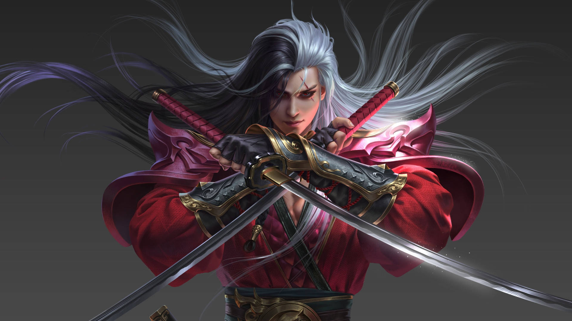 武士動畫 桌布 壁紙 — 一位兇猛的動漫戰士，擁有銀色和黑色頭髮，在深灰色背景下揮舞著兩把華麗的劍。