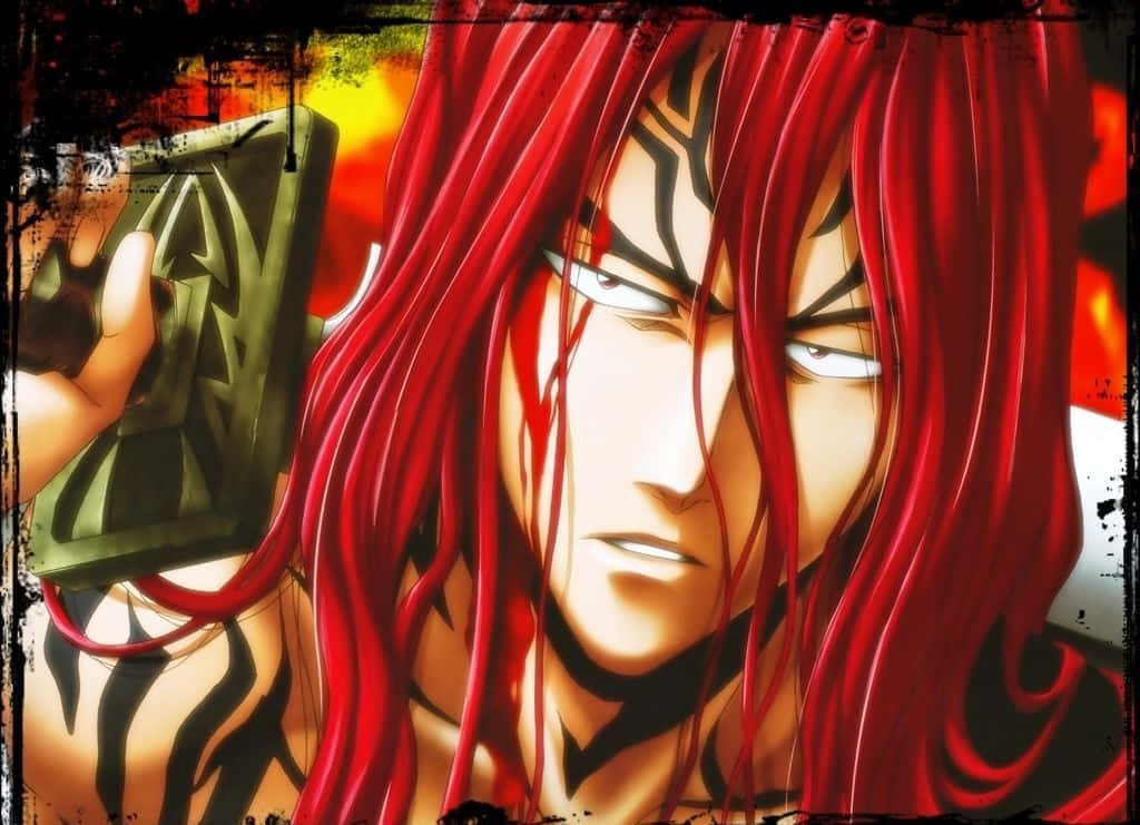 Renji Abarai 桌布 壁紙 — 一位兇猛的動漫戰士，擁有長長的紅髮和黑色部落標記，在熾熱的背景前手持綠色武器。
