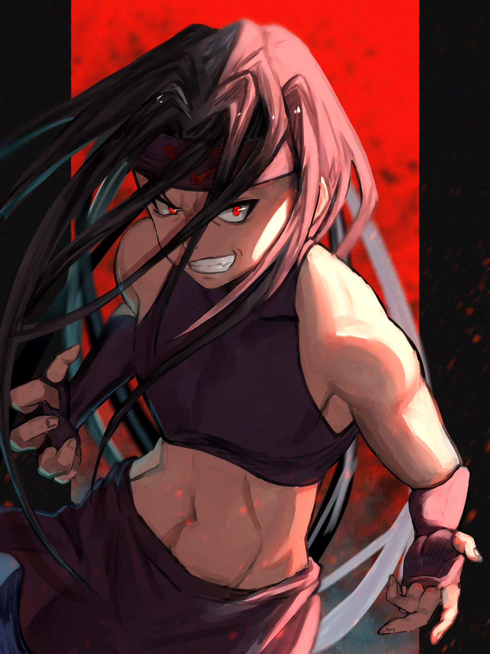 Fullmetal Alchemist Envy 桌布 壁紙 — 一位兇猛的動漫戰士，擁有長長的黑髮和發光的紅色眼睛，在鮮紅和黑色的背景下擺出動態姿勢。