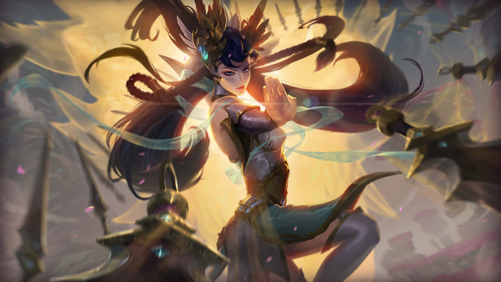 Lol 1920 X 1080 Gaming 桌布 壁紙 — 一位兇猛的動漫戰士，擁有飄逸的深色頭髮和華麗的盔甲，在旋轉的能量和漂浮的刀刃中蓄勢待發。