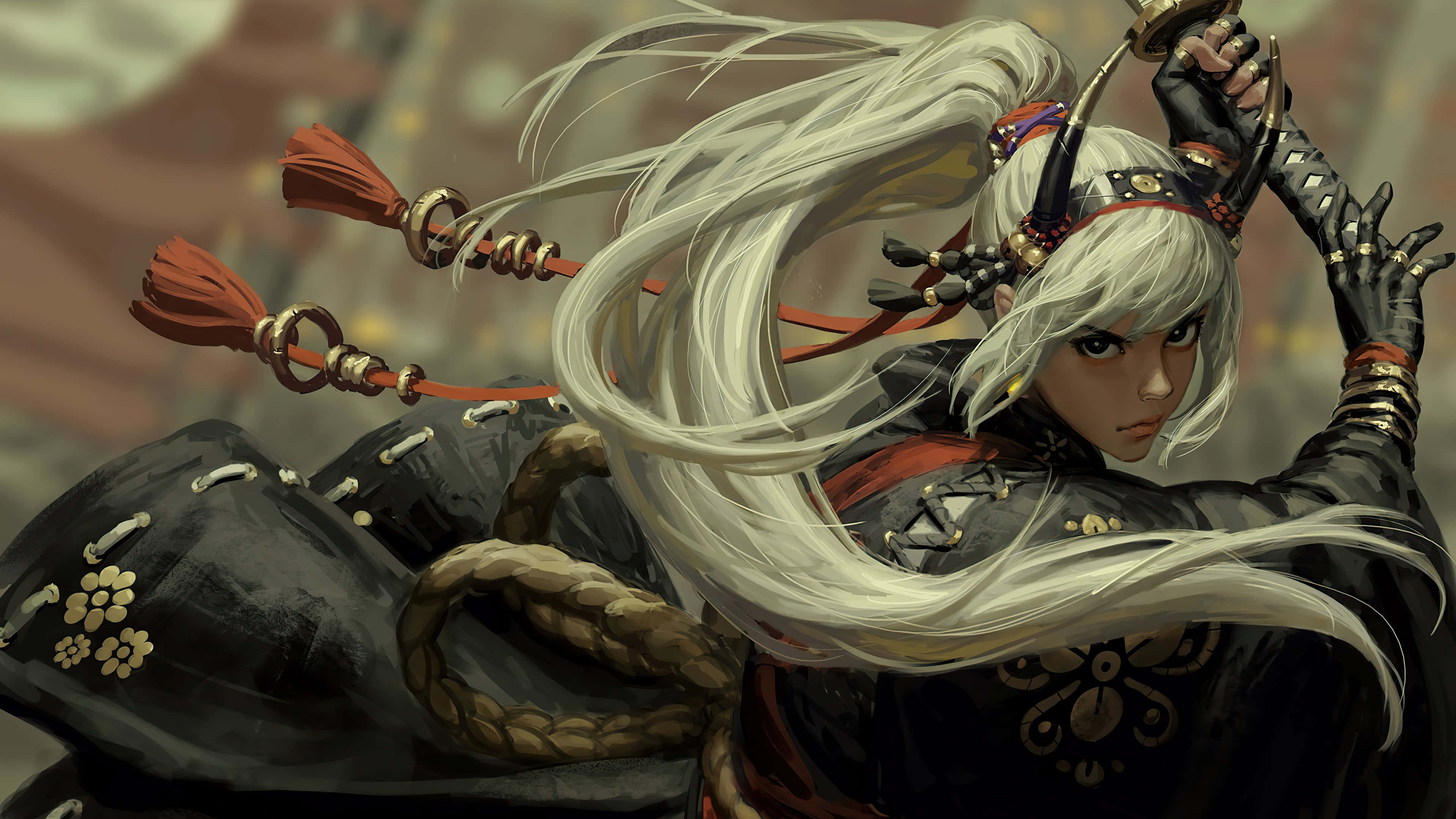 Female Samurai 桌布 壁紙 — 一位兇猛的動漫戰士，擁有飄逸的白髮和華麗的黑色盔甲，以動態的動作揮舞著劍。