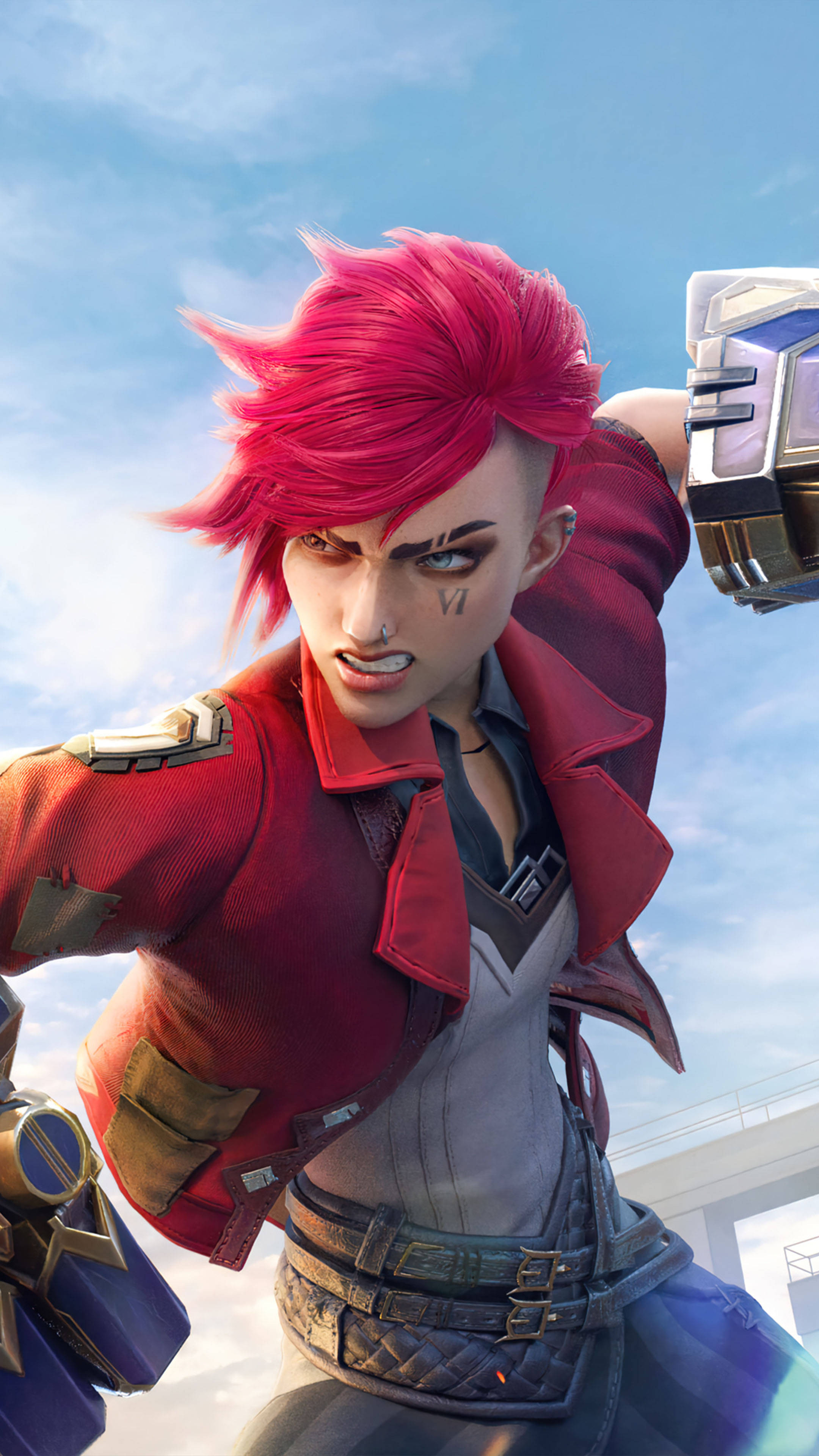 4K HD mobile 桌布 壁紙 — 一位兇猛的動漫戰士，擁有鮮豔的粉紅色頭髮和紅色外套，在明亮的藍天下準備就緒。