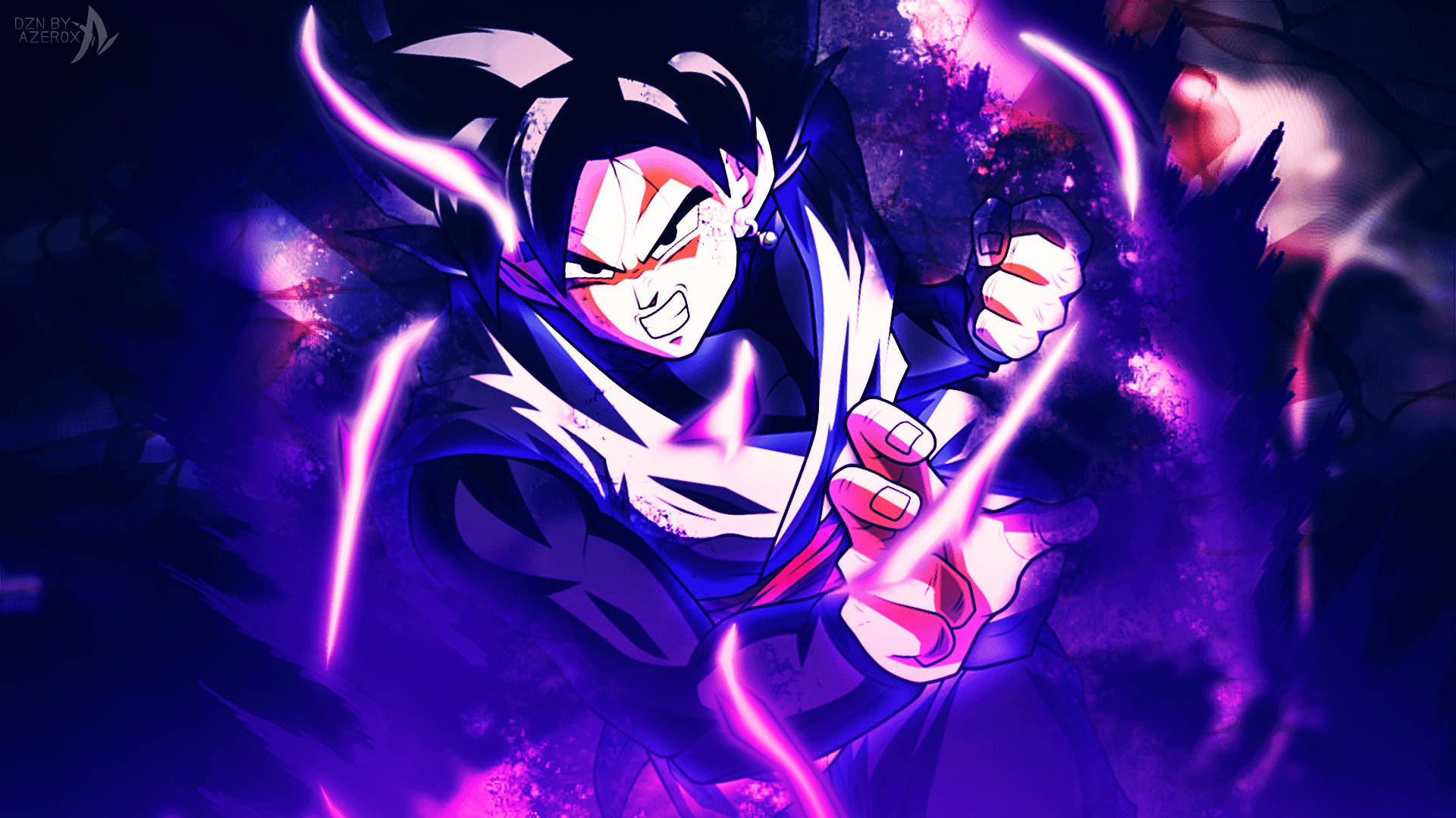 Black Goku 桌布 壁紙 — 一位兇猛的動漫戰士，擁有黑白相間的頭髮，在黑暗的宇宙環境中引導發光的紫色能量。
