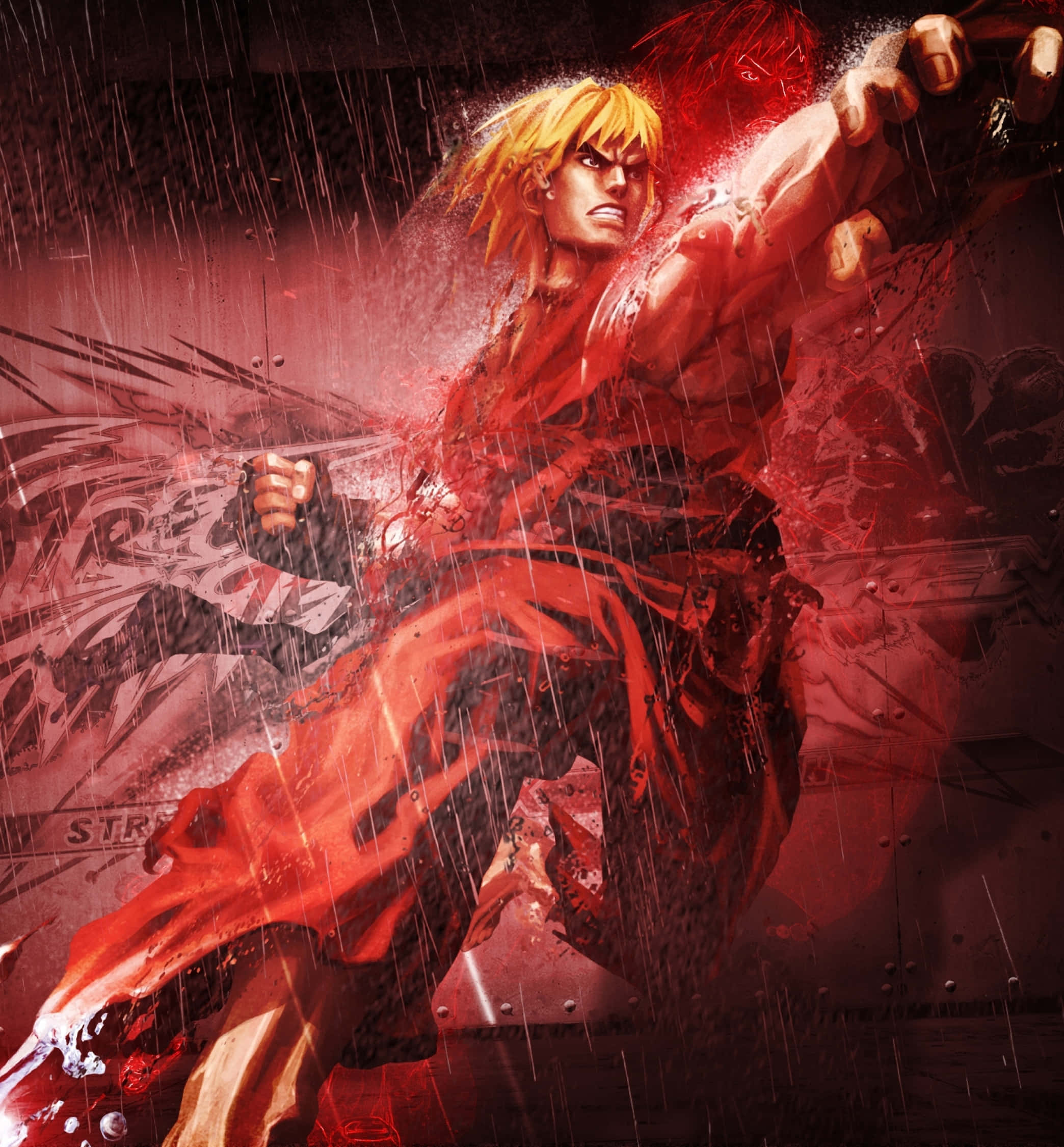 Street Fighter Characters 桌布 壁紙 — 一位兇猛的動漫戰士，有著刺刺的金色頭髮，在雨淋的都市小巷中釋放出強大的紅色能量攻擊。
