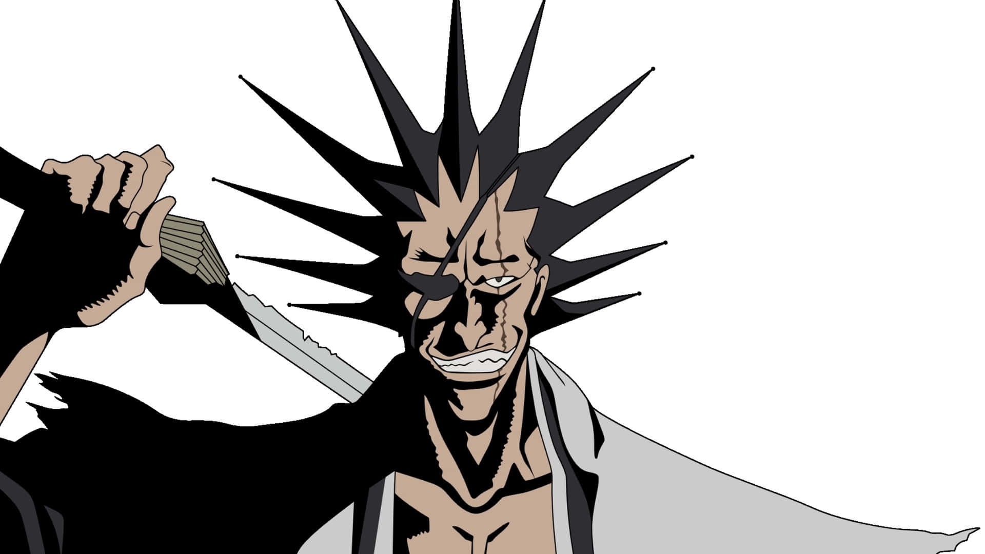 Kenpachi Zaraki 桌布 壁紙 — 一位兇猛的動漫戰士，有著刺蝟般的黑髮和傷痕累累的臉，在純白背景前揮舞著劍。
