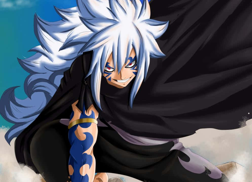 Acnologia 桌布 壁紙 — 一位兇猛的動漫戰士，有著尖刺的白髮和藍色標記，在暴風雨的天空下以動態姿勢蹲伏。