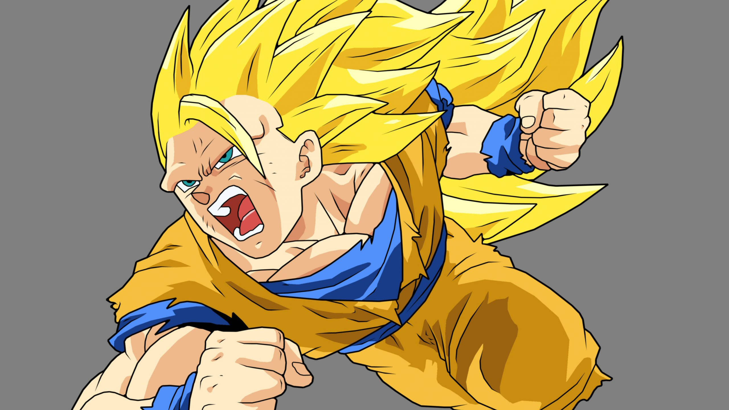 Goku Ssj3 桌布 壁紙 — 一位兇猛的動漫戰士，有著尖刺的金色頭髮，在灰色背景前以動態姿勢握緊拳頭咆哮。