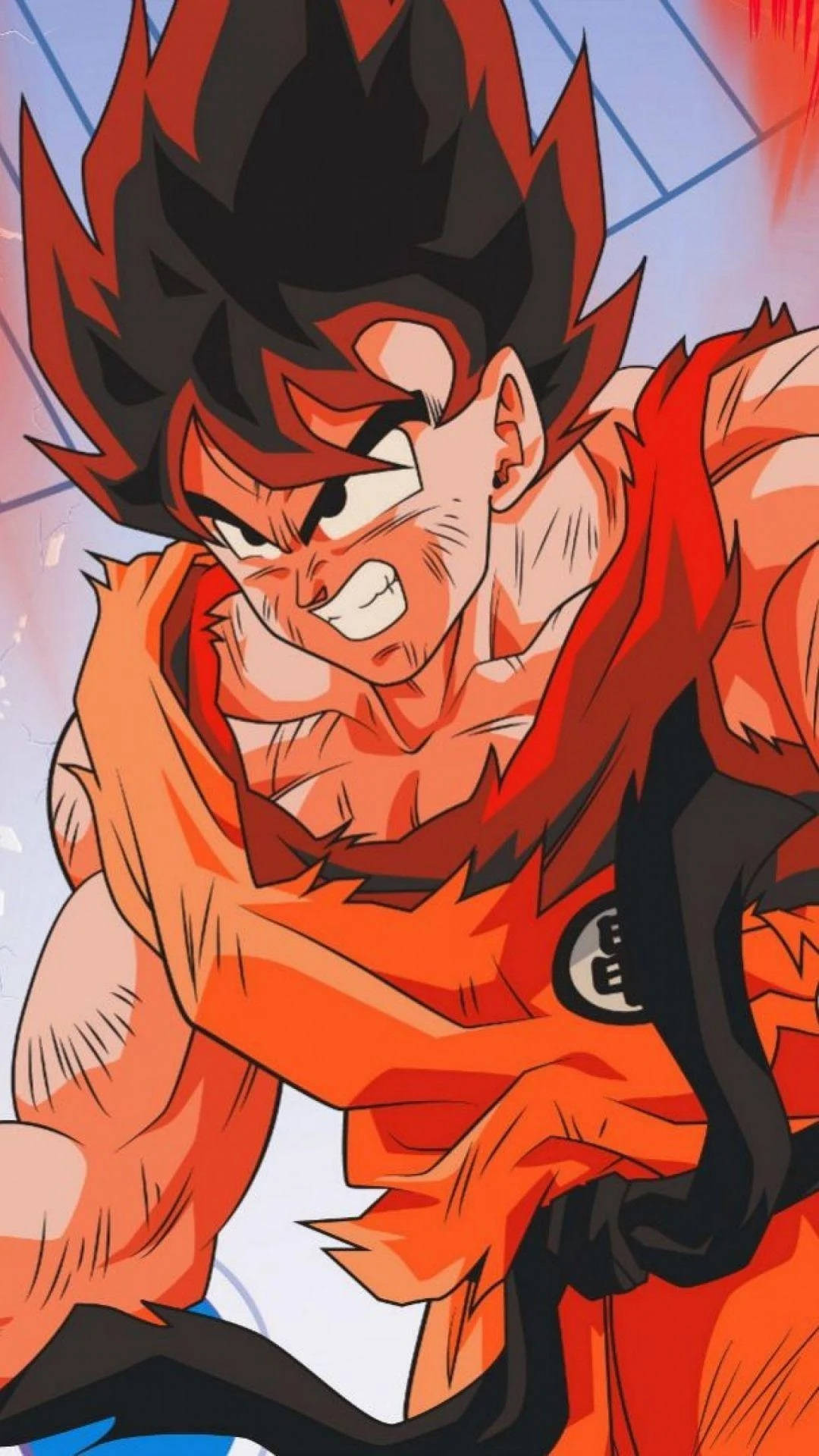 ball 桌布 壁紙 — 一位兇猛的動漫戰士，有著尖刺的黑紅頭髮和橙色道服，握緊拳頭擺出戰鬥姿勢。