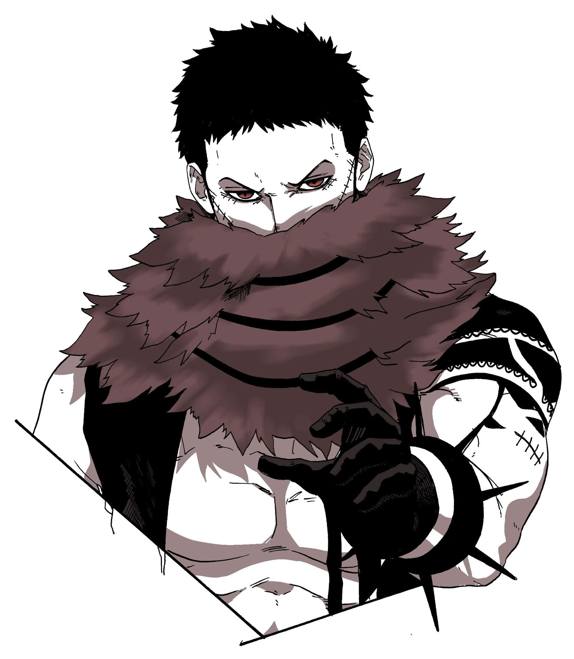Charlotte Katakuri 桌布 壁紙 — 一位兇猛的動漫戰士，有著尖刺般的黑髮和紅眼睛，身穿毛皮襯裡斗篷，手持帶刺武器。