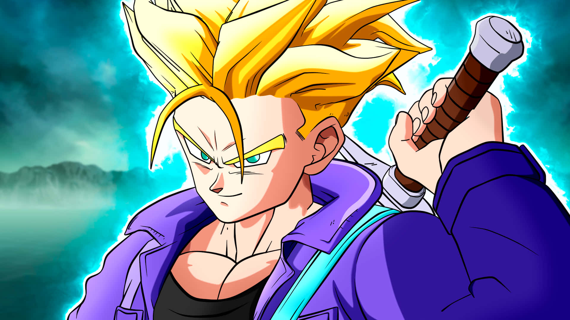 Dragon Ball Z Trunks 桌布 壁紙 — 一位兇猛的動漫戰士，有著尖刺金髮和發光的眼睛，在暴風雨般的青綠色天空下緊握著劍。