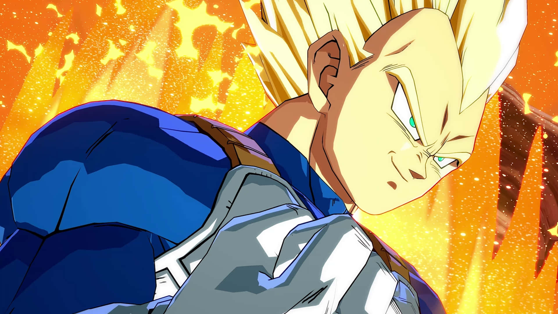 Dbz Video Games 桌布 壁紙 — 一位兇猛的動漫戰士，有著尖刺金髮和綠色眼睛，在熾熱的橙色背景下怒目而視。