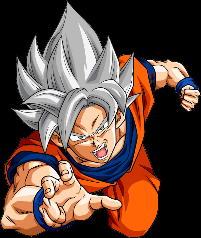 Goku Dragon Ball Super 桌布 壁紙 — 一位兇猛的動漫戰士，有著尖刺銀髮和橙色道服，握緊拳頭在黑色背景上向前衝刺。