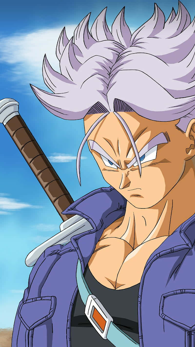 Dragon Ball Z Trunks 桌布 壁紙 — 一位兇猛的動漫戰士，有著尖刺銀髮和肩上掛著一把劍，在明亮的藍天下凝視著。