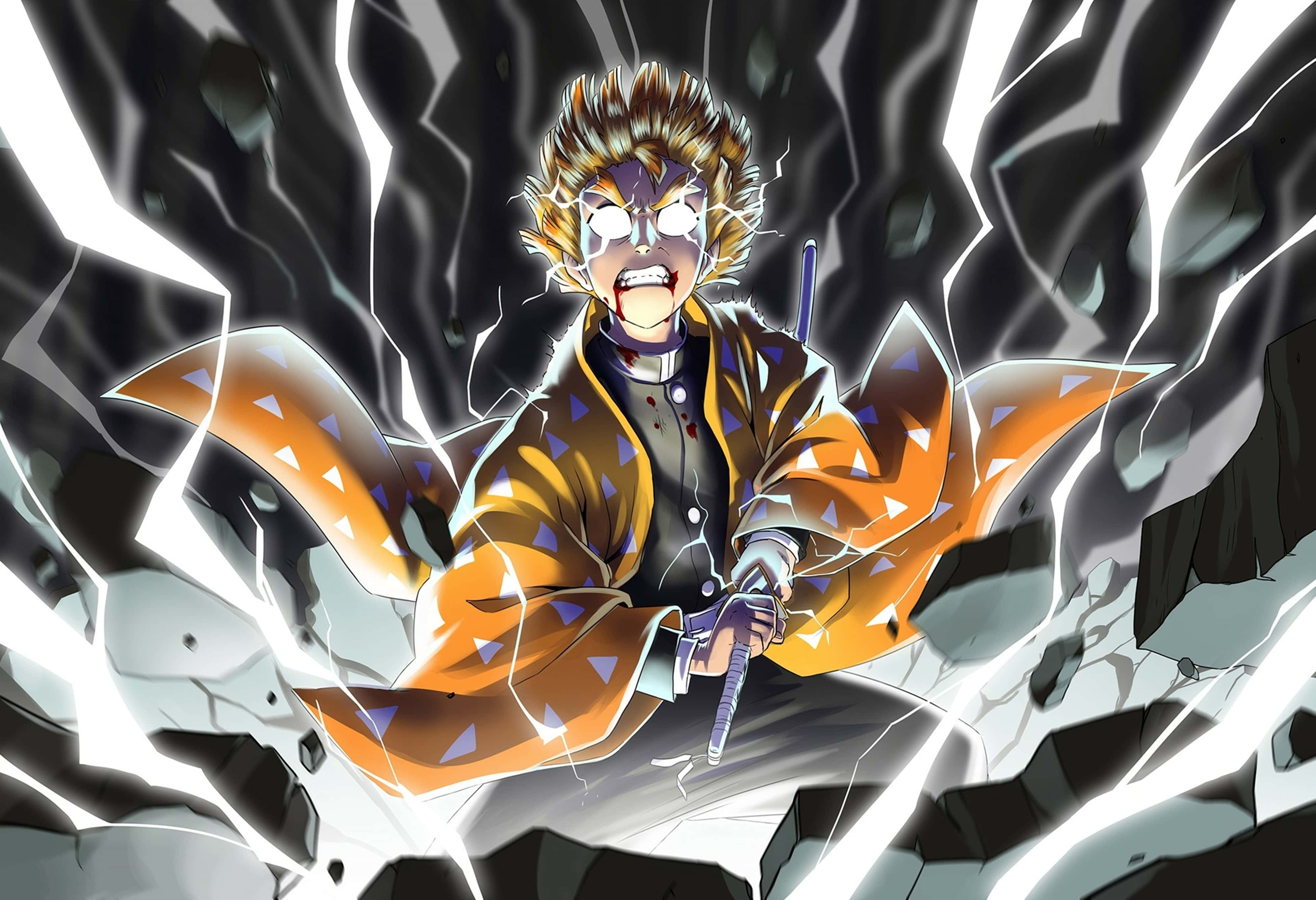 Demon Slayer Zenitsu 4K 桌布 壁紙 — 一位兇猛的動漫戰士，有著尖刺頭髮和橙色外套，衝破碎裂的岩石，揮舞著帶有發光能量的劍。