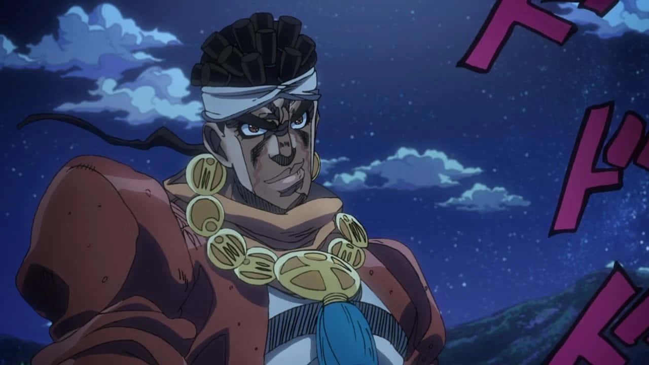 Muhammad Avdol 桌布 壁紙 — 一位兇猛的動漫戰士，梳著辮子，戴著金飾，站在星空下，伴隨著戲劇性的粉紅色音效。