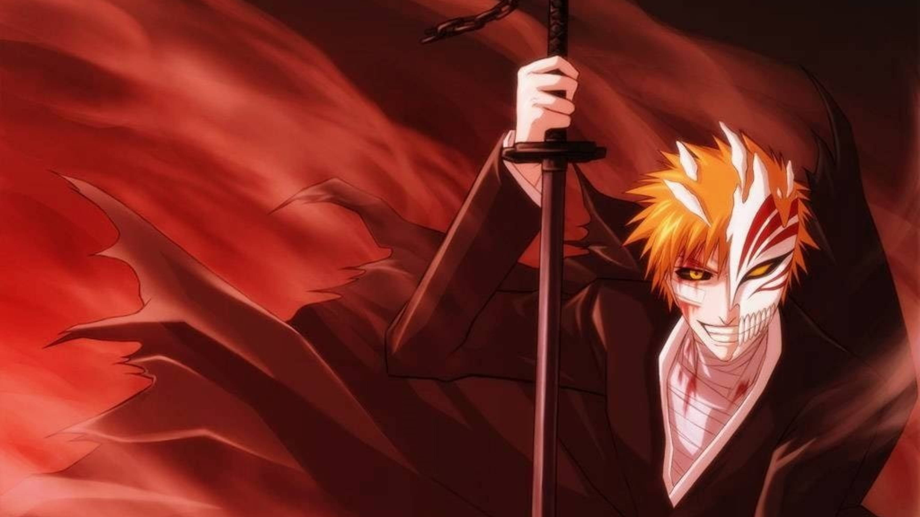 Bankai 桌布 壁紙 — 一位兇猛的動漫戰士，橙色頭髮，白色面具，在旋轉的紅色背景中揮舞著劍。