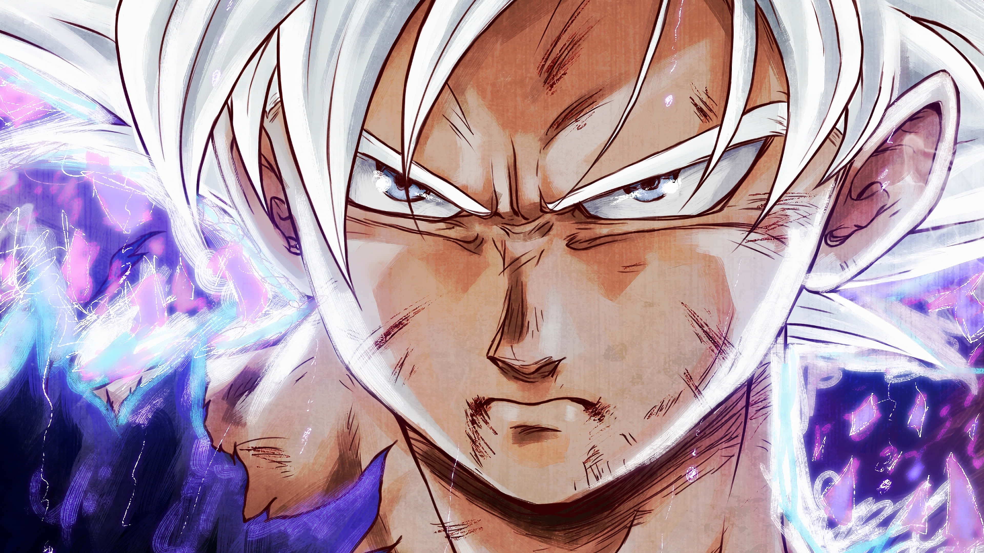 Mui Goku 桌布 壁紙 — 一位兇猛的動漫戰士，白髮，散發著發光的紫色能量光環，專注地向前凝視。